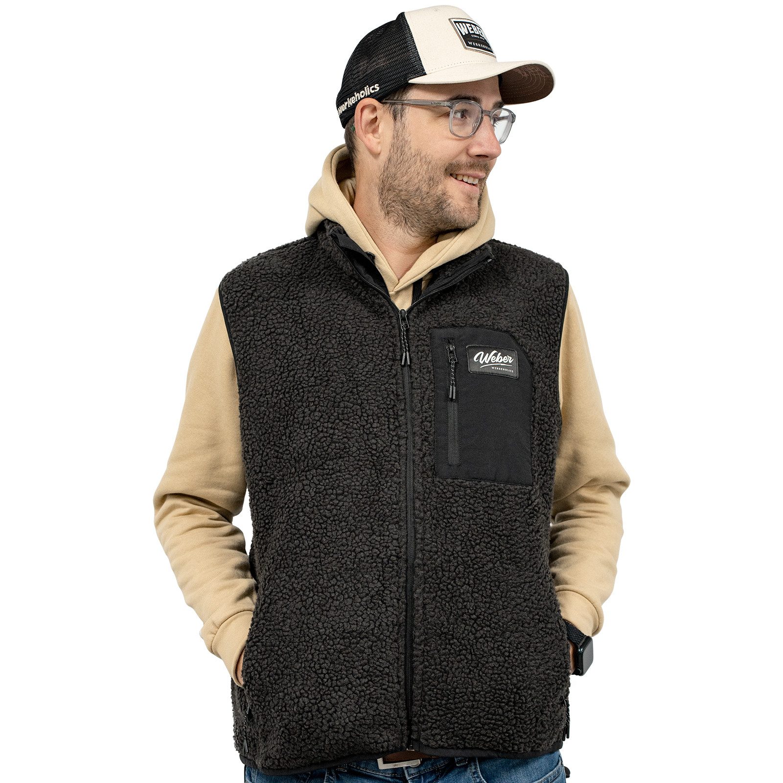 Weber GmbH Fleeceweste Sherpa Fleece Weste schwarz Teddy verstellbarer Bund, Teddy Fleece, mit Innentasche