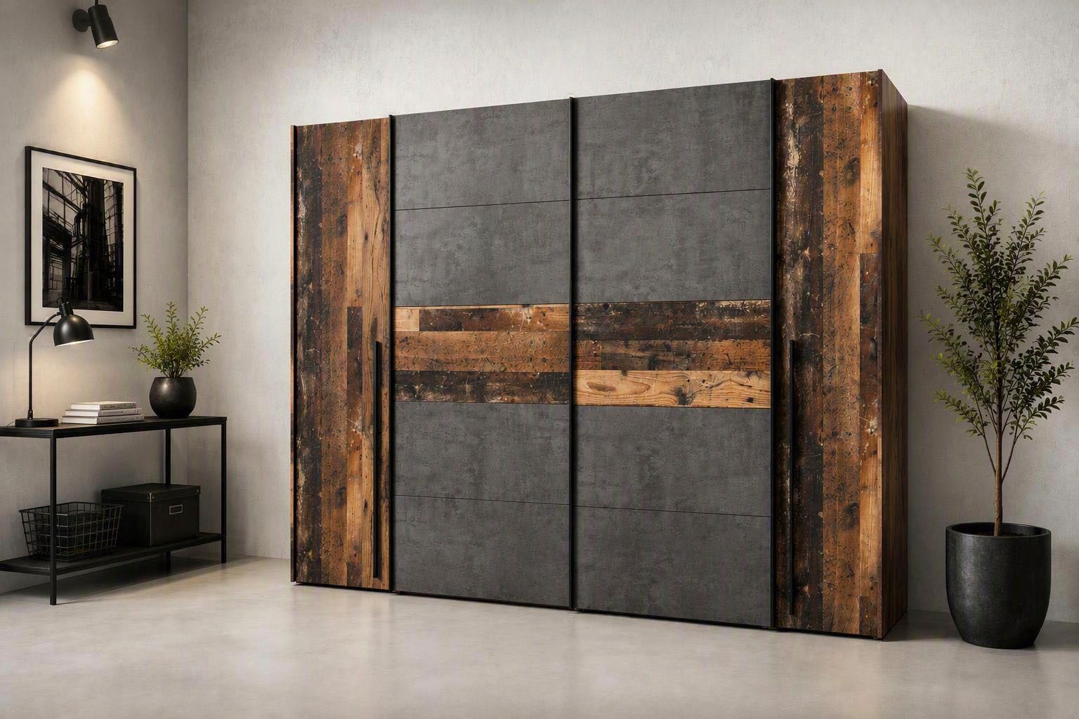 FORTE Kleiderschrank Narago, Kombischrank, Paneele wechselbar (B/H/T ca. 270/210/61cm) Kombination aus Schwebetüren mit seitlichen Drehtüren, Made in Europe