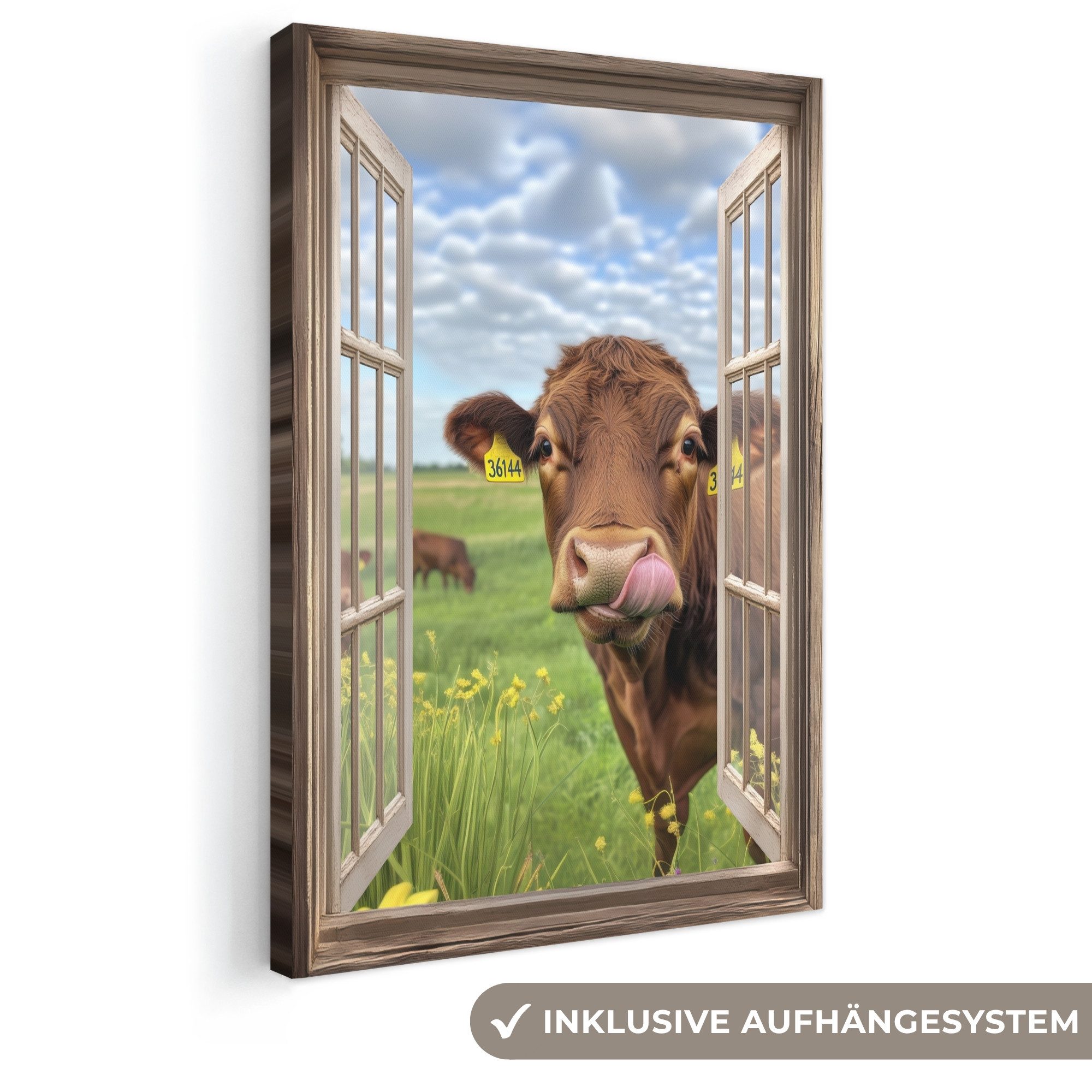 OneMillionCanvasses® Leinwandbild Durchblick - Kuh - Wiese - Landschaft - Tiere, Fotodruck (1 St), Leinwand Canvas Wandbild, Wanddekoration 20x30 cm