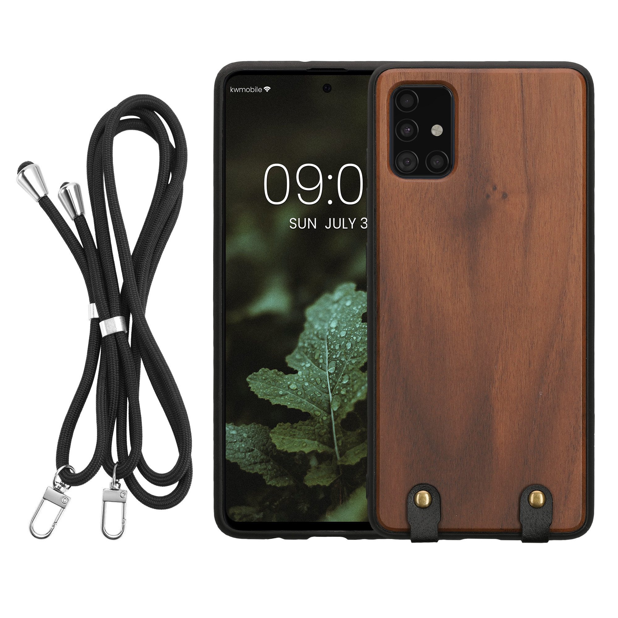 kwmobile Etui Necklace Case für Samsung Galaxy A51 Hülle, Holz TPU Cover mit Handykette - Band Handyhülle