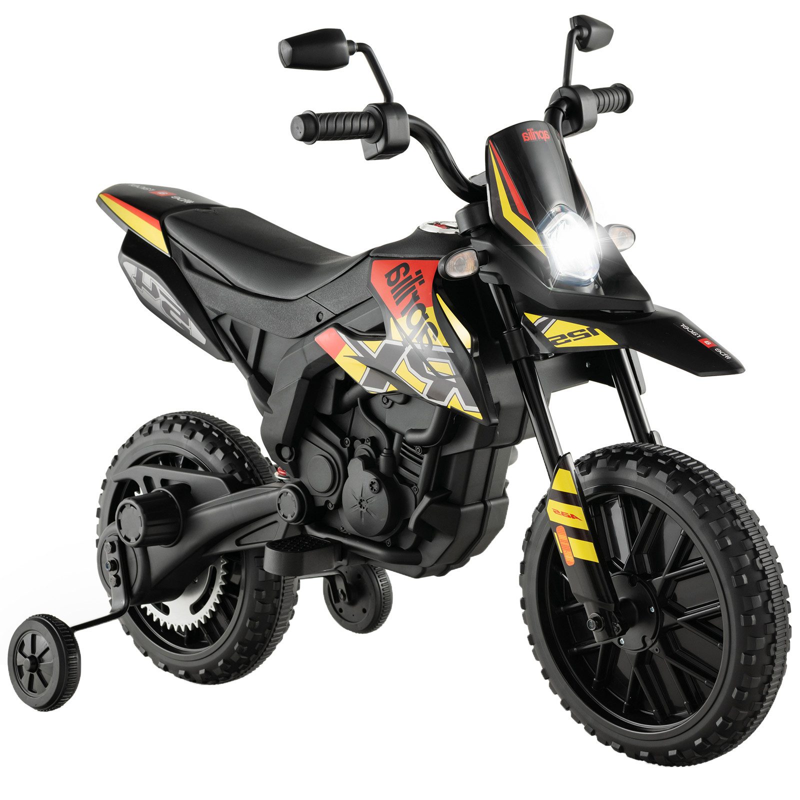 KOMFOTTEU Elektro-Kindermotorrad, mit 2 Stützrädern, Scheinwerfer, Musik