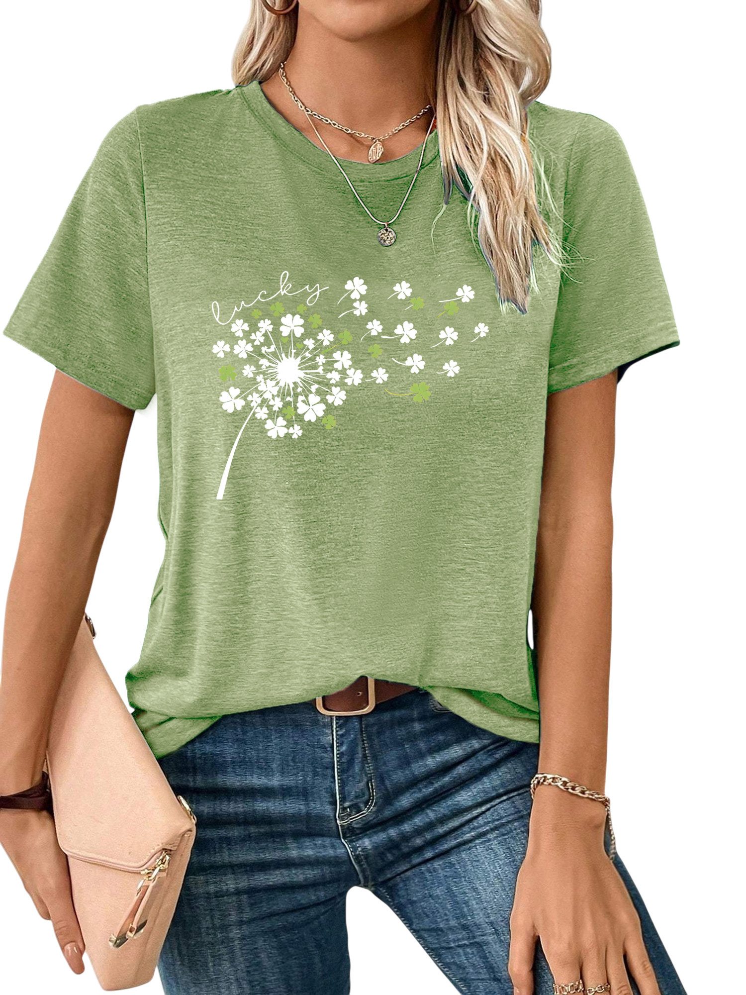 PYLIKE Kurzarmbluse Bequemes Shirt Damen Kurzarm Basic-Shirt mit Löwenzahn Print Bequem für Freizeit und Büro,Strandurlaub