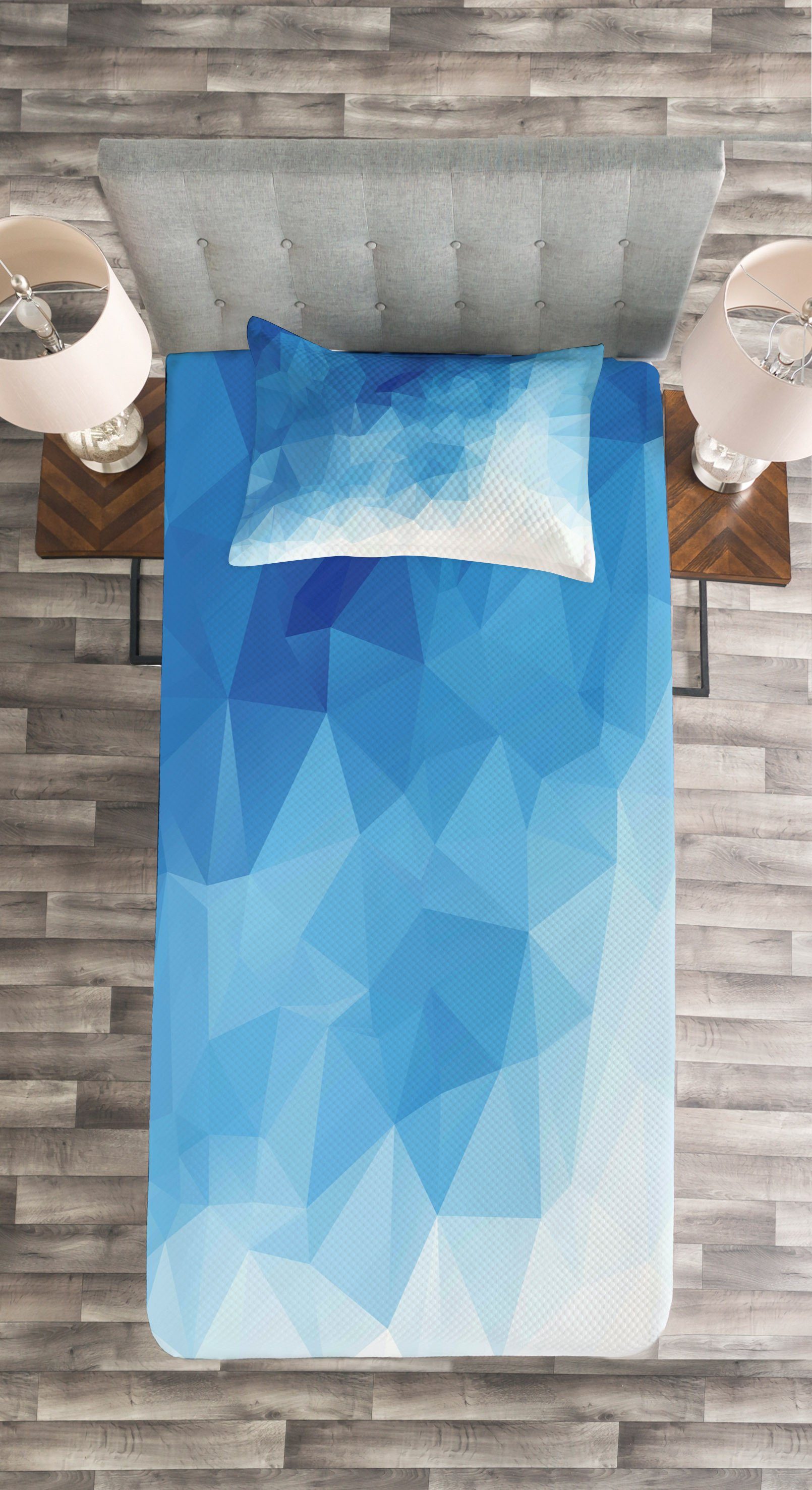 Waschbar, Tagesdecke Ombre Blau Abstrakt Set Kissenbezügen Polygonal Abakuhaus, mit Art