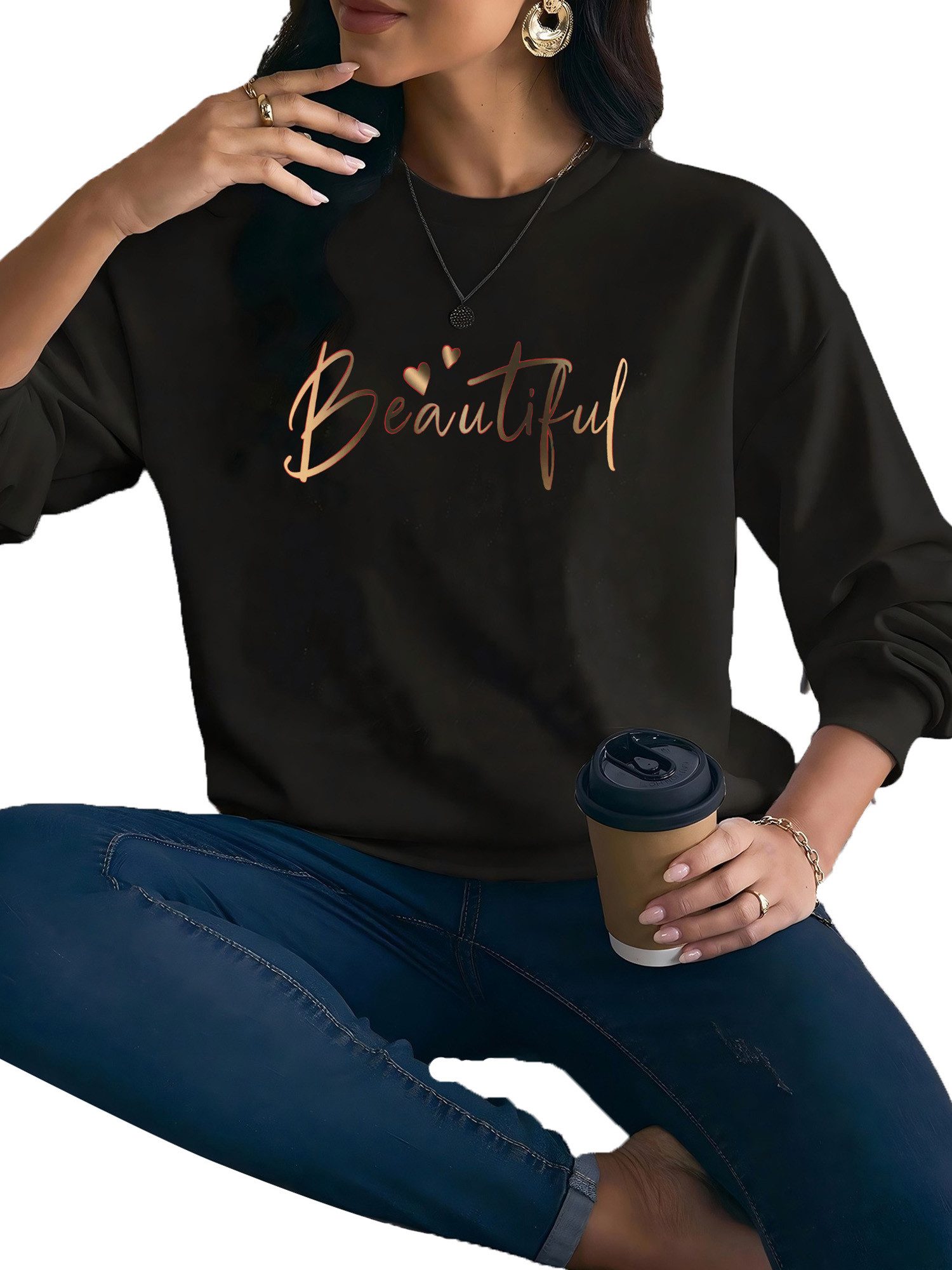 PYLIKE Fleecepullover Damen Rundhals Sweatshirt mit Print, Lockerer Langarm günstig online kaufen
