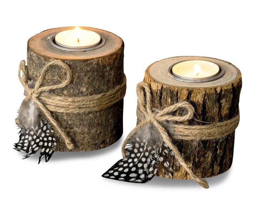Levandeo® Teelichthalter, 2er Set Teelichthalter Holz je 8,5cm hoch  Kerzenhalter Federn