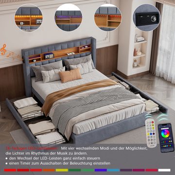 Welikera Polsterbett 140x200cm Doppelbett mit 4 Schubladen,16-farbiger LED-Leiste, Bluetooth-Player,USB-Ladestation,Offener Trennwand,Samt,Massivholz,MDF