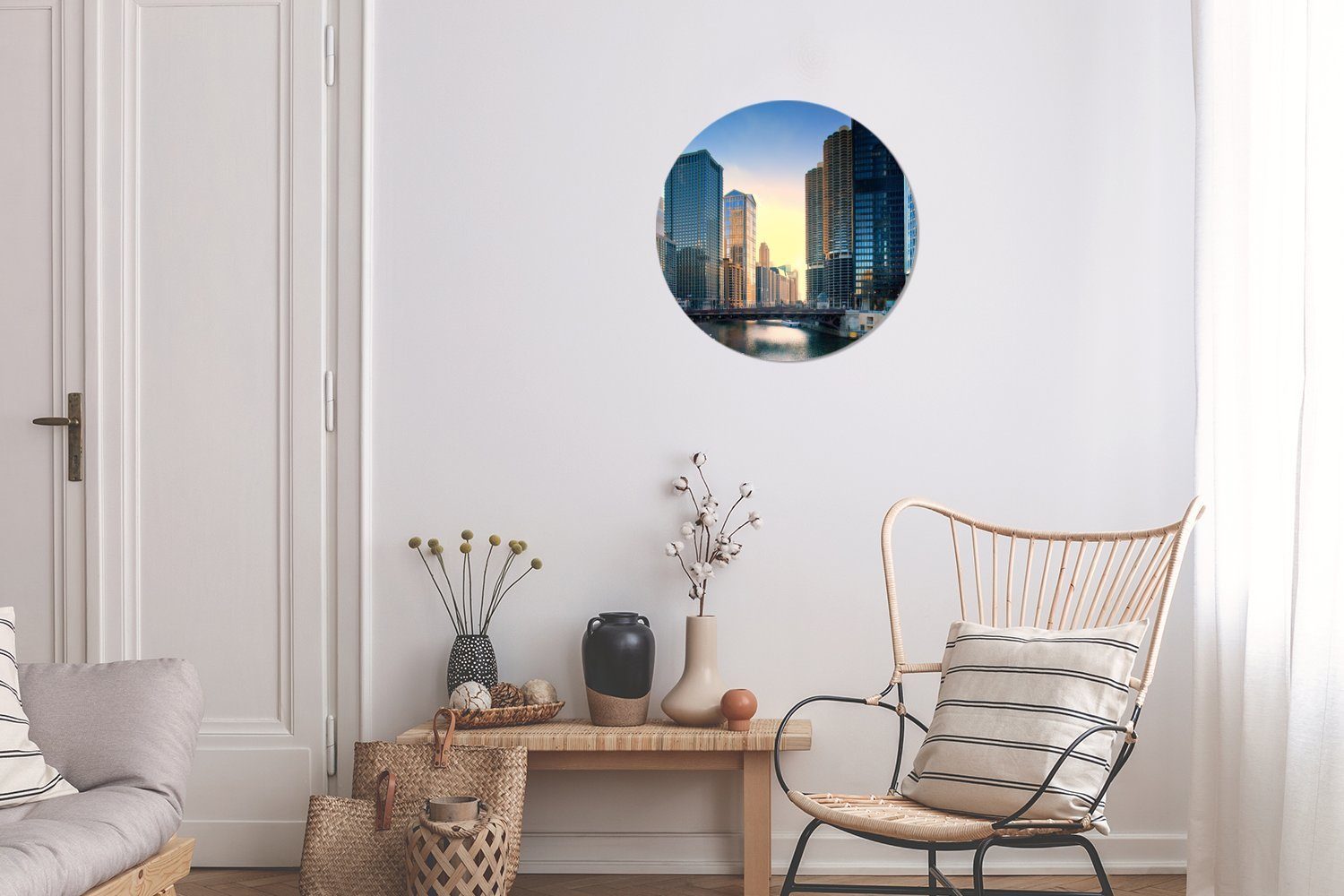 Rund, Wohnzimmer für Architektur Tapetenkreis - Tapetenaufkleber, (1 Chicago St), Wandsticker - MuchoWow Kinderzimmer, Sonnenuntergang