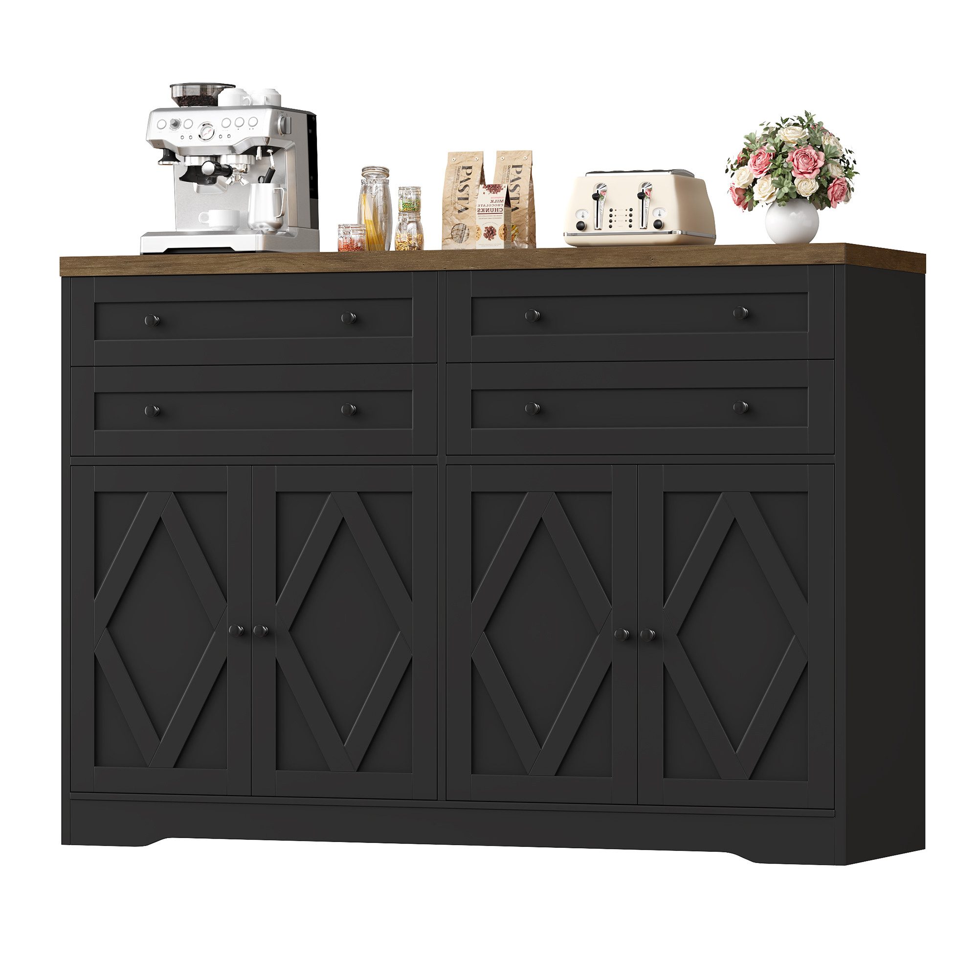 HOMECHO Sideboard, 132,7 cm Breit Küchenschrank mit 4 Schubladen 4 Türen