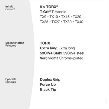 TORX Torxschlüssel Winkelschraubendreher Satz mit T-Griff 8 teilig (8 St), extra lang