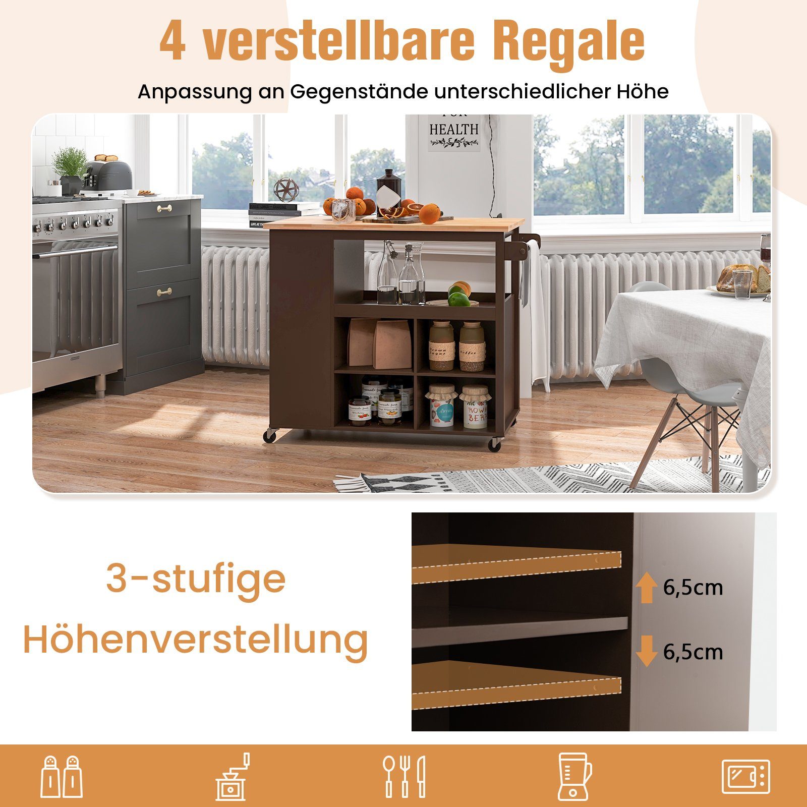 verstellbaren COSTWAY mit & Schublade, Natur Regalen Braun, Handtuchhalter Küchenwagen, 4