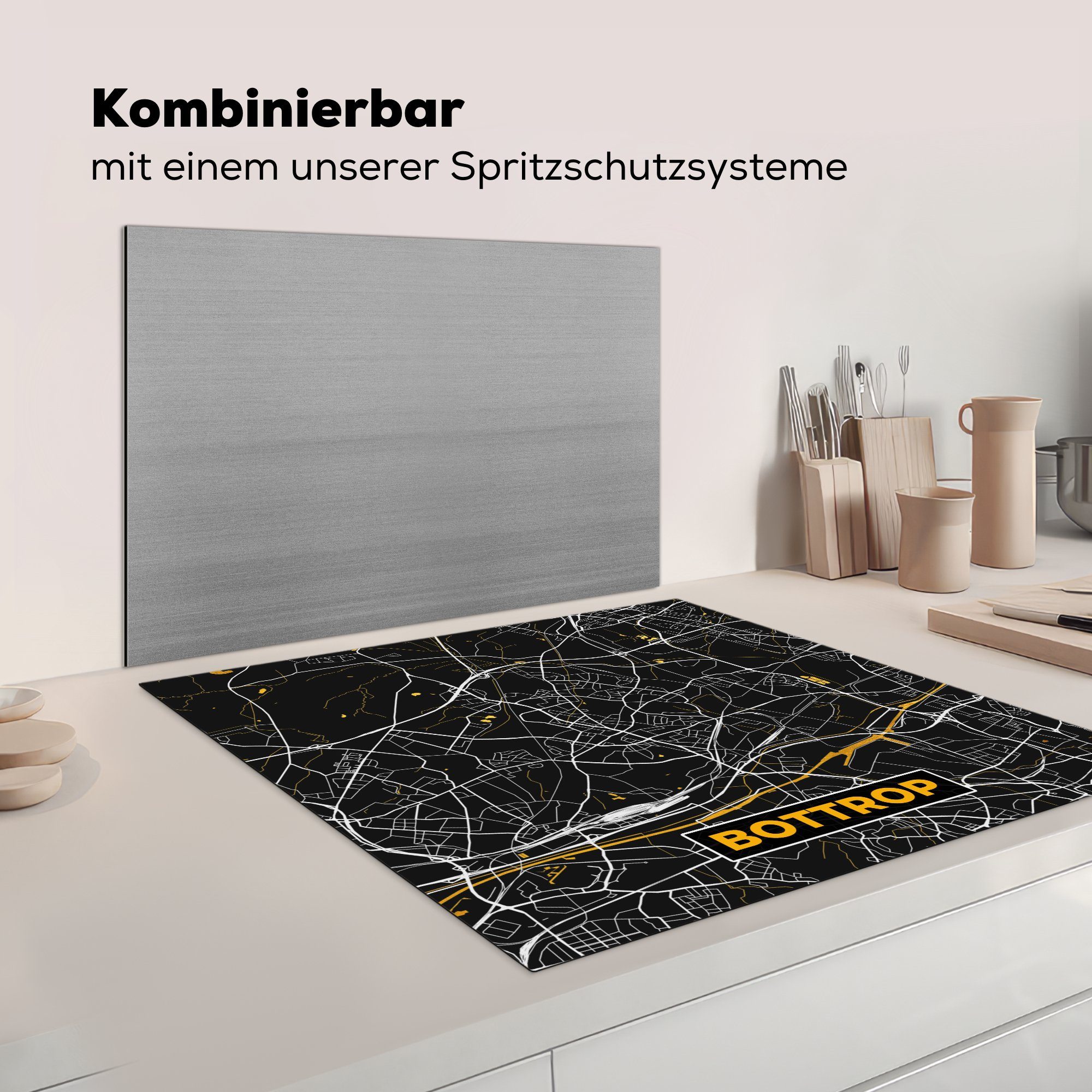 MuchoWow Herdblende-/Abdeckplatte Bottrop - Stadtplan Karte, - Vinyl, (1 cm, - und Schwarz Arbeitsplatte für küche Ceranfeldabdeckung, - tlg), Deutschland Gold 78x78