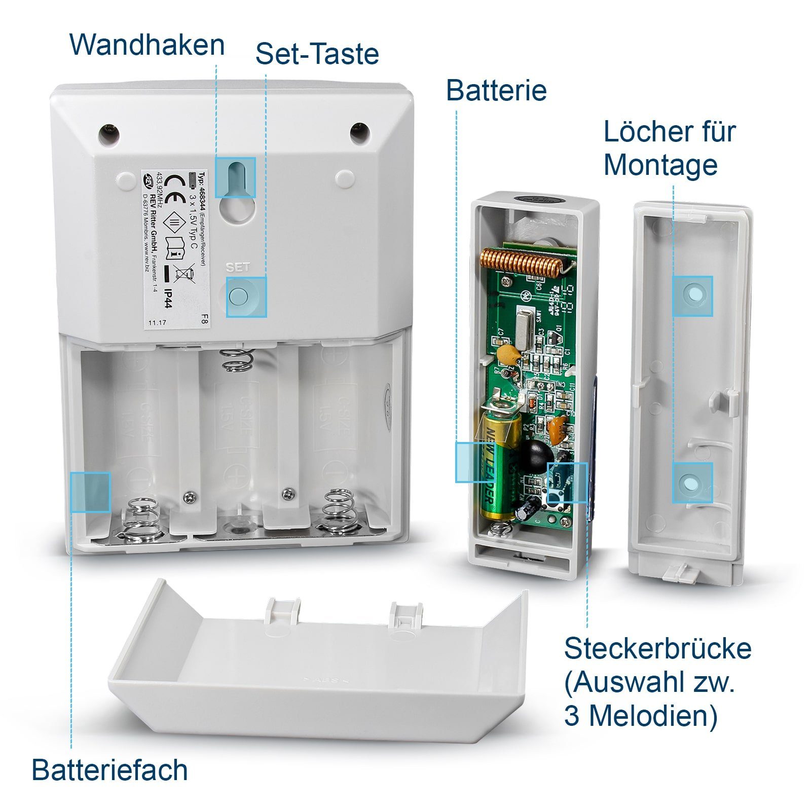REV Türklingel-Set Haustür Funkklingel mit 3 Melodien, IP44