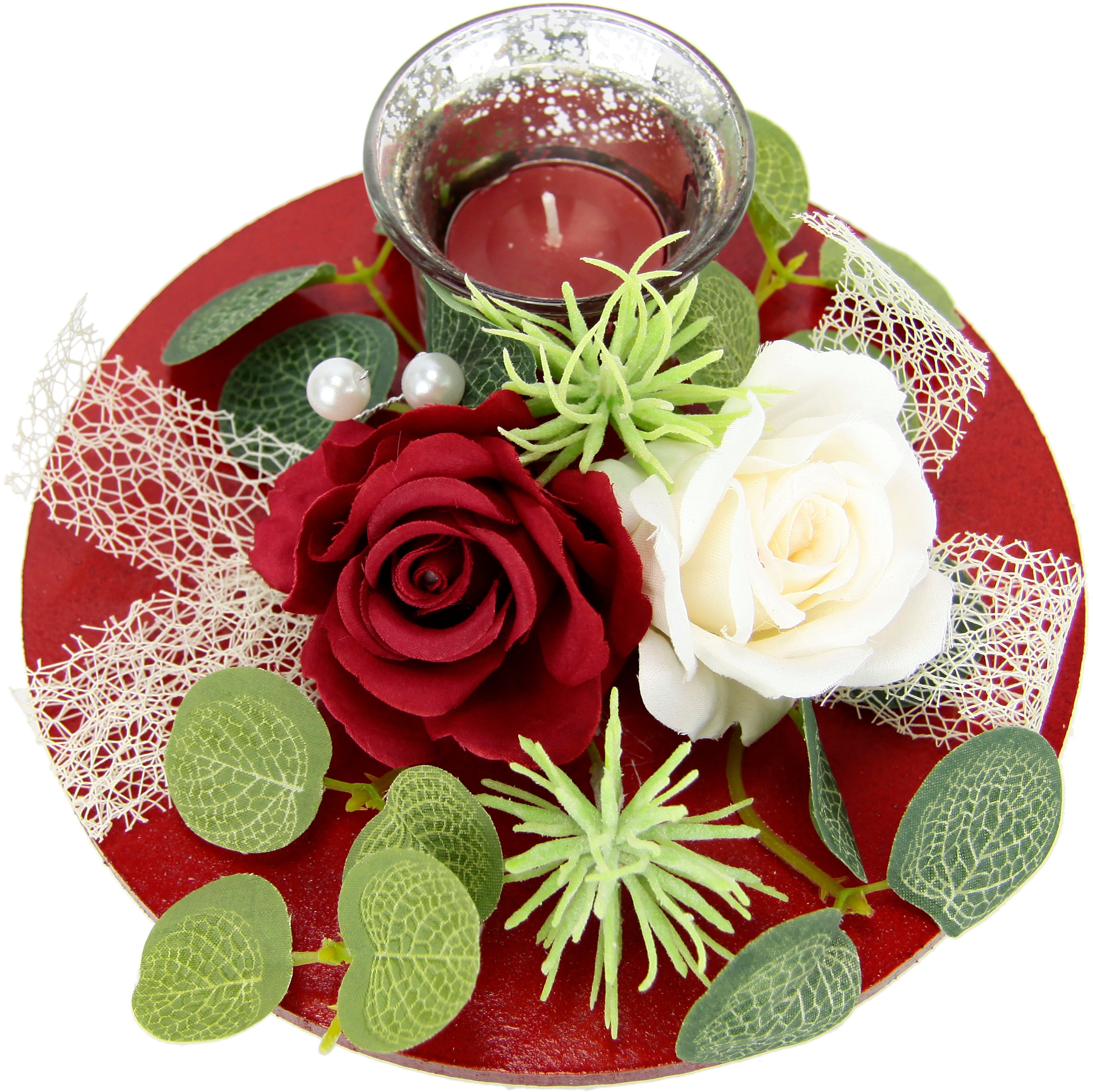 Kerzen Kerzenhalter Kerzenständer (1 Muttertag Teelichthalter und künstlichen Teelichtkerze, Tischdeko Mit Rosen I.GE.A. Eukalyptus Glaseinsatz Valentinstag St),
