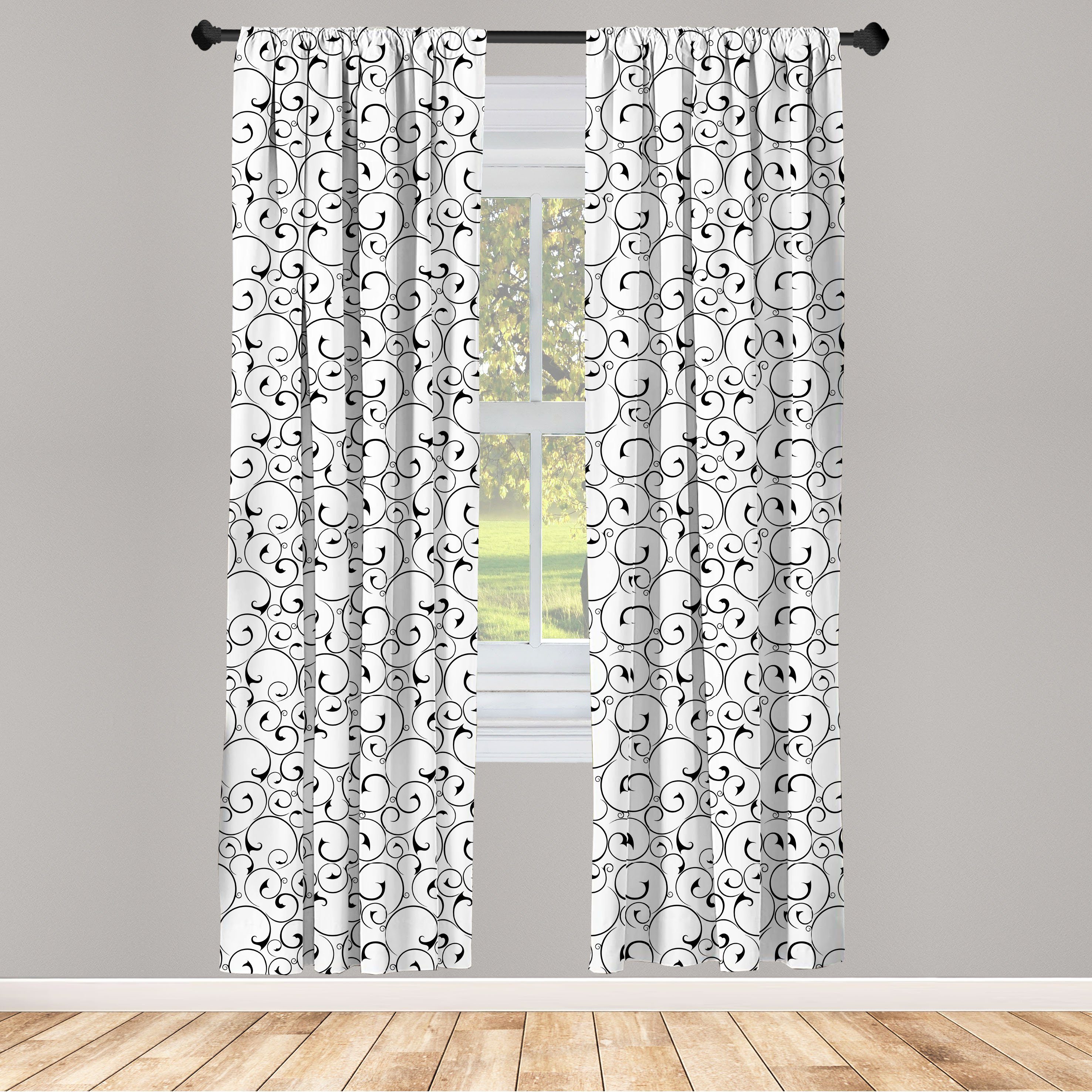 Gardine Vorhang für Wohnzimmer Schlafzimmer Dekor, Abakuhaus, Microfaser, Schwarz und weiß Vintage Curlicues