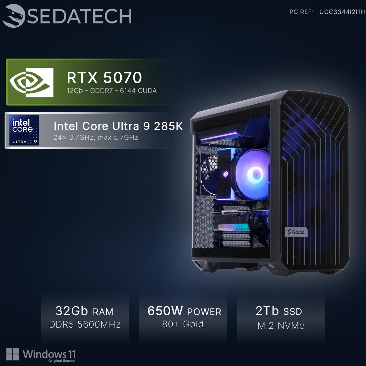Sedatech UCC3344I2I1HF - Workstation Business-PC (Intel Intel Core Ultra 9 Intel Core Ultra 9 285K 24x 3.7GHz (max 5.7GHz), Geforce RTX5070 12GB, 32 GB RAM, 2000 GB SSD, Wlan 7)
