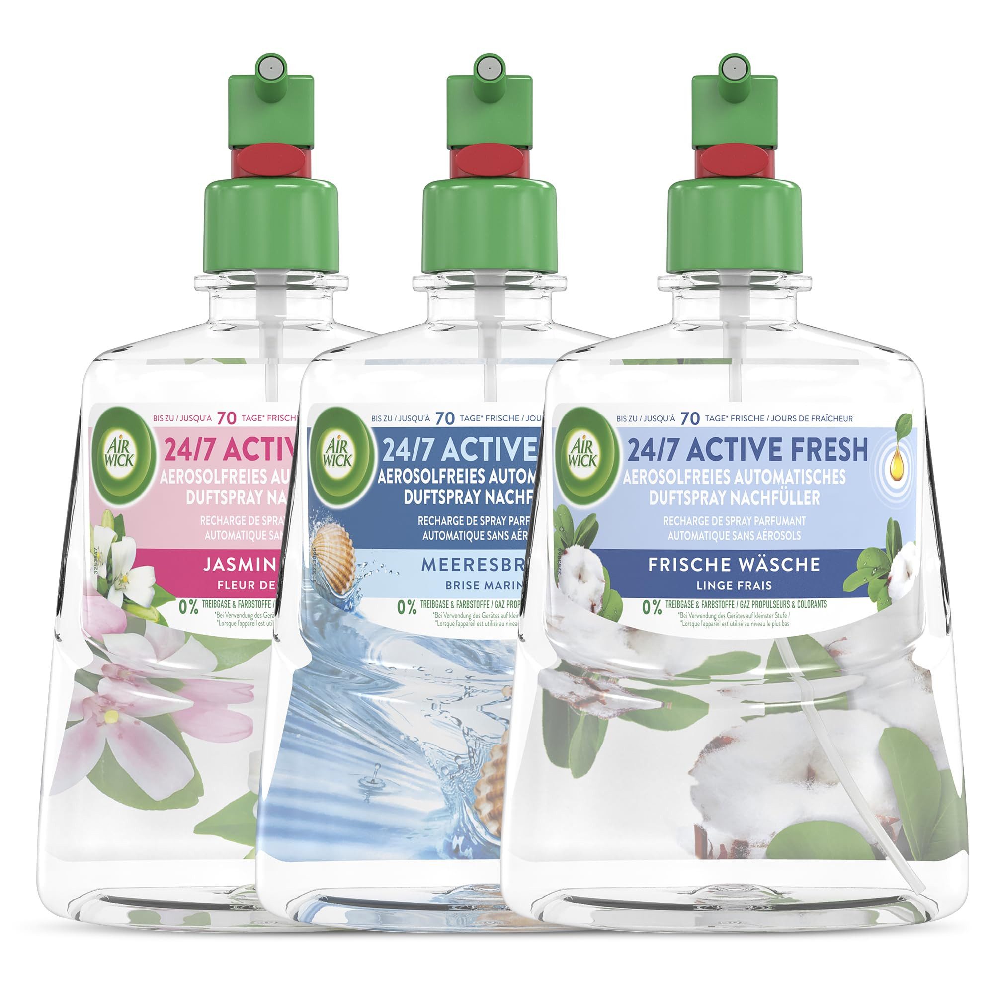 Air Wick Raumduft-Nachfüllflasche Active Fresh Nachfüller Mix-Set 3 x 228ml (Probierpaket, 3-St), Frische Wäsche, Jasminblüte, Meeresbrise