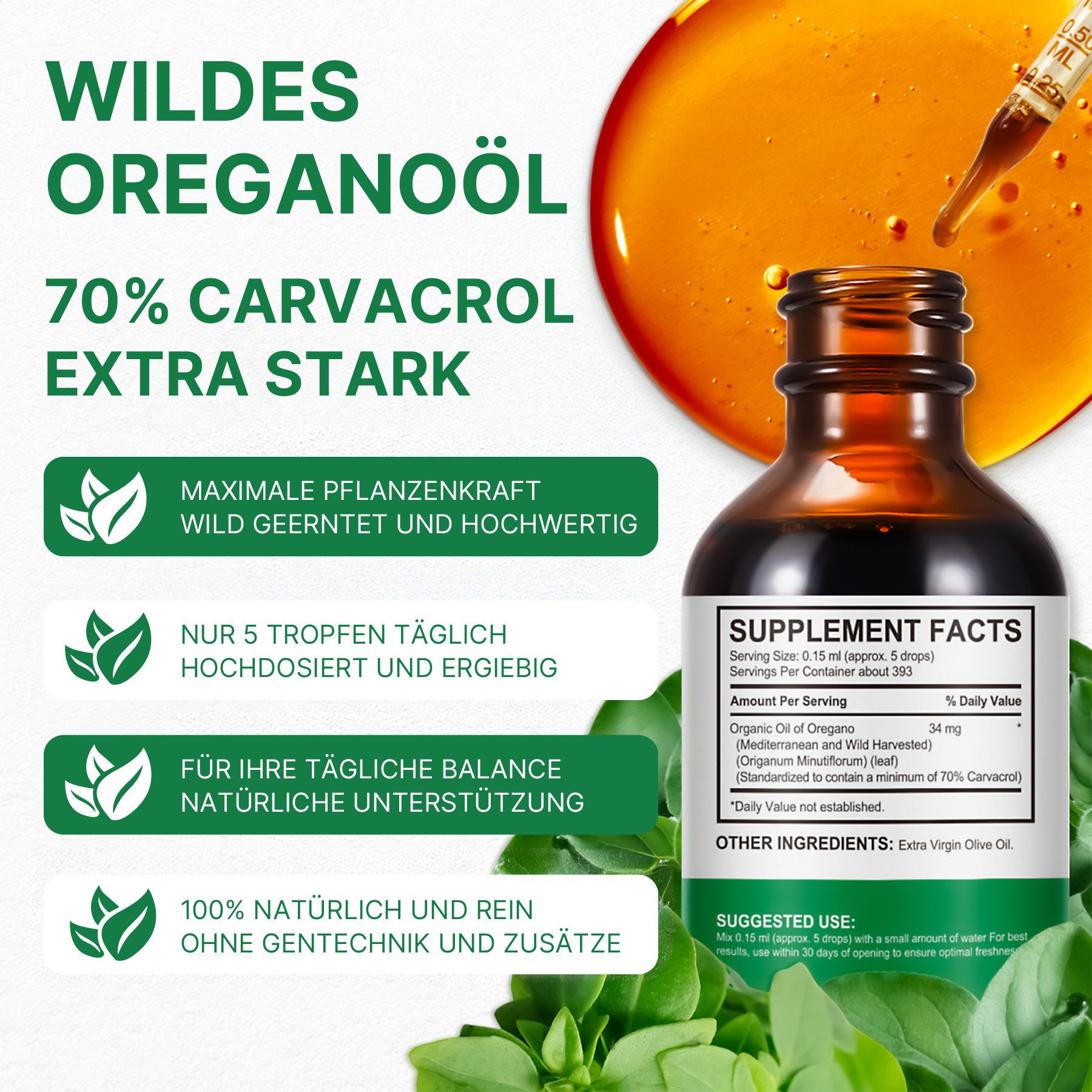 ALIVER Wildes Oregano Öl Liquid Tropfen mit Carvacrol Vegan Natur 100% Rein TROPFEN, Nahrungsergänzungsmittel, Acentiallabs, Öl, Oregano