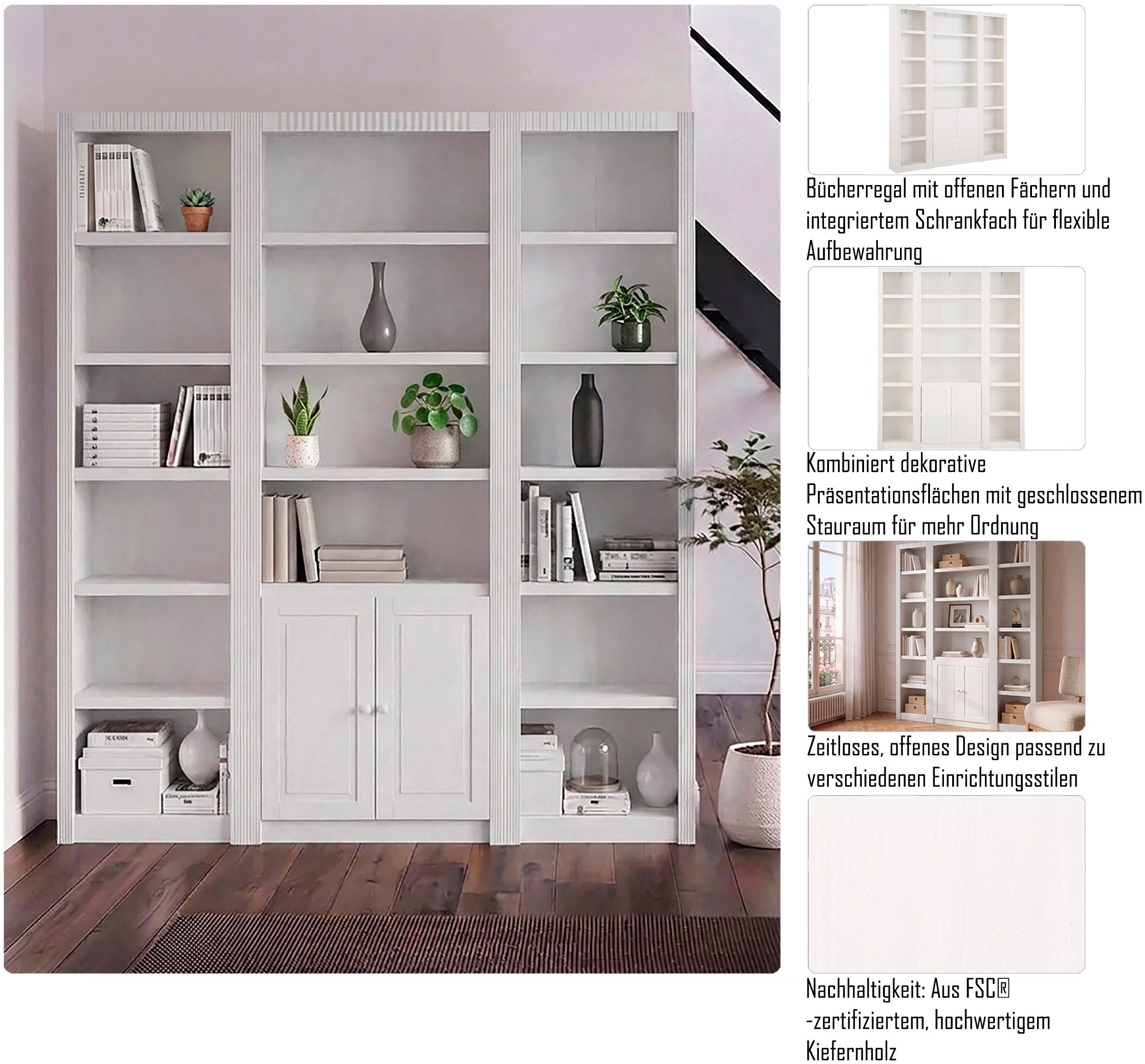 OTTO home Raumteilerregal Bergen Bücherrregal, 2 Türen, 9 verstellbare & 6 feste Einlegeböden, aus massivem Kiefernholz mit 18 Fächern und 2 Türen mit Knopfgrif – Bild 3 von 5