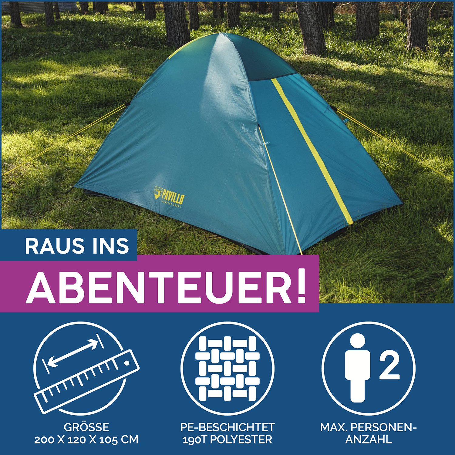 Bestway Kuppelzelt Activebase 2, Personen: 2 (Packung, 200 x 120 x 105 cm), Inkl. Insektennetz, Innentasche und Tragetasche