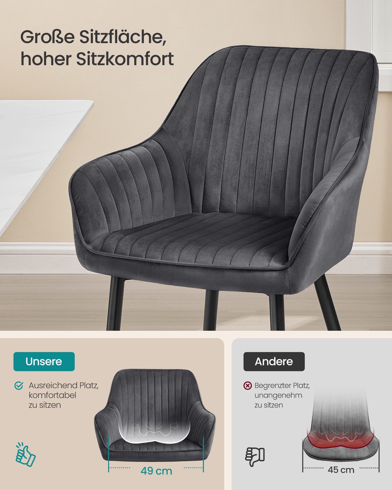 SONGMICS Esszimmerstuhl Küchenstuhl aus Samt, Polsterstuhl mit Armlehnen, Loungesessel (4 St), 4er Set Küchenstuhl, bis 120 kg belastbar – Bild 4 von 5
