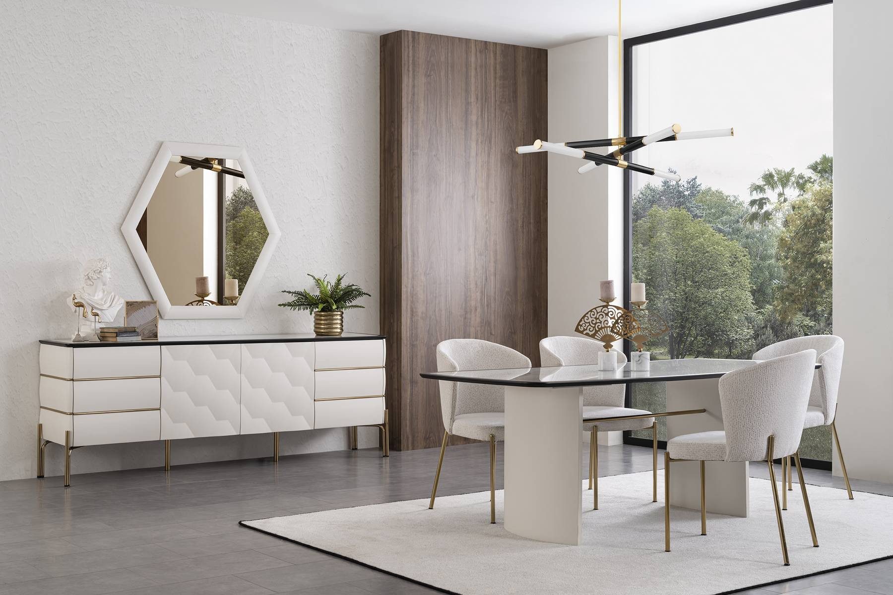 Esszimmer-Set Elegantes Esszimmer-Set aus Holz mit Stühlen, Sideboard und Spiegel