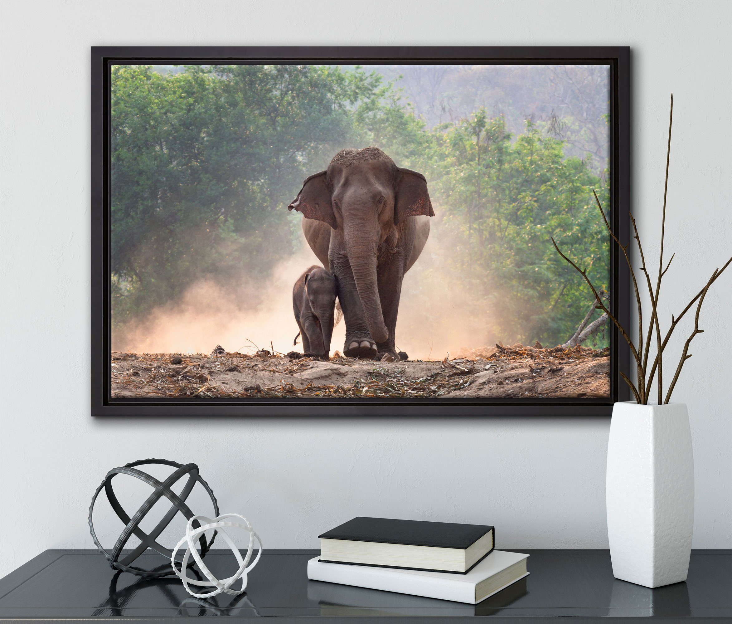 Pixxprint Leinwandbild Elefantenbaby Mutter, in gefasst, inkl. mit einem Zackenaufhänger bespannt, St), Schattenfugen-Bilderrahmen Wanddekoration (1 Leinwandbild fertig