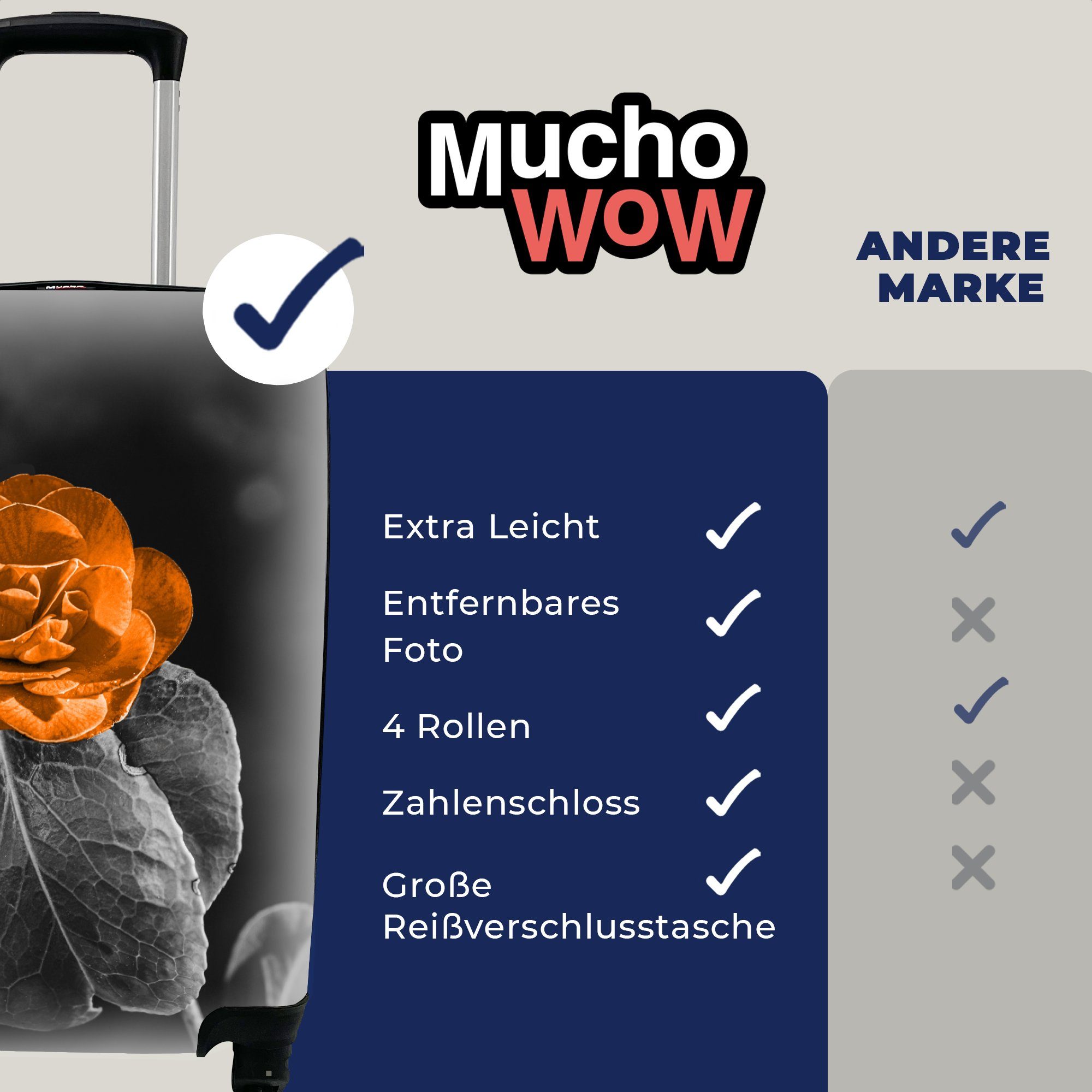 MuchoWow Handgepäckkoffer Blumen - Rosen - Schwarz Ferien, 4 - - Orange mit Reisekoffer Weiß, Rollen, Trolley, Handgepäck rollen, Reisetasche für