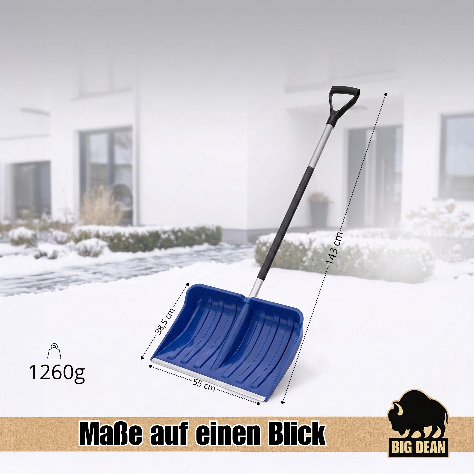 BigDean Schneeschieber groß Profi Schneeschaufel mit Alustiel, 55 cm Arbeitsbreite, Alustiel Metallkante D-Griff – Bild 2 von 5