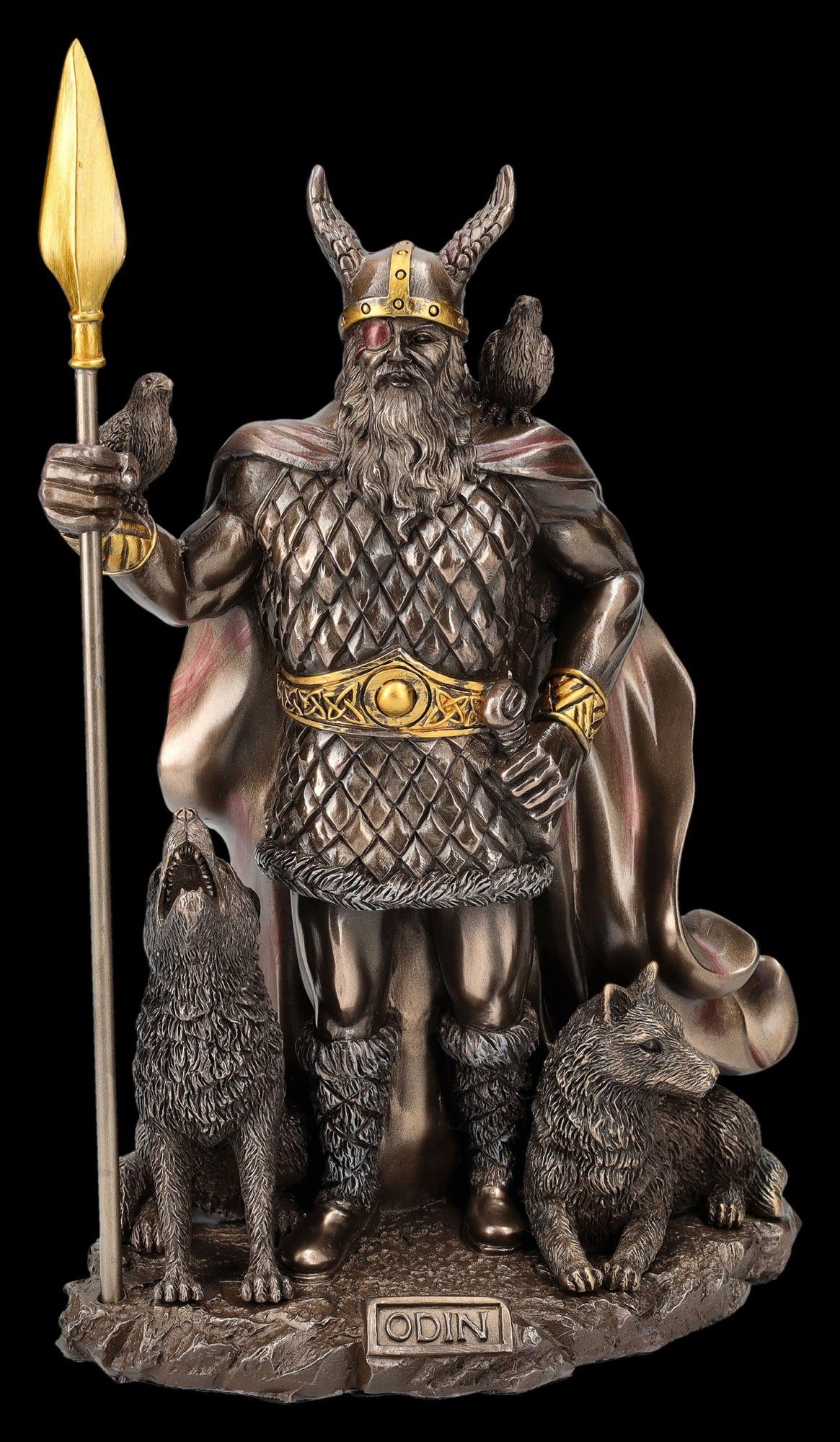 Figuren Shop GmbH Dekofigur Odin Figur stehend mit Wölfen und Raben nordischer Gott Dekofigur Deko