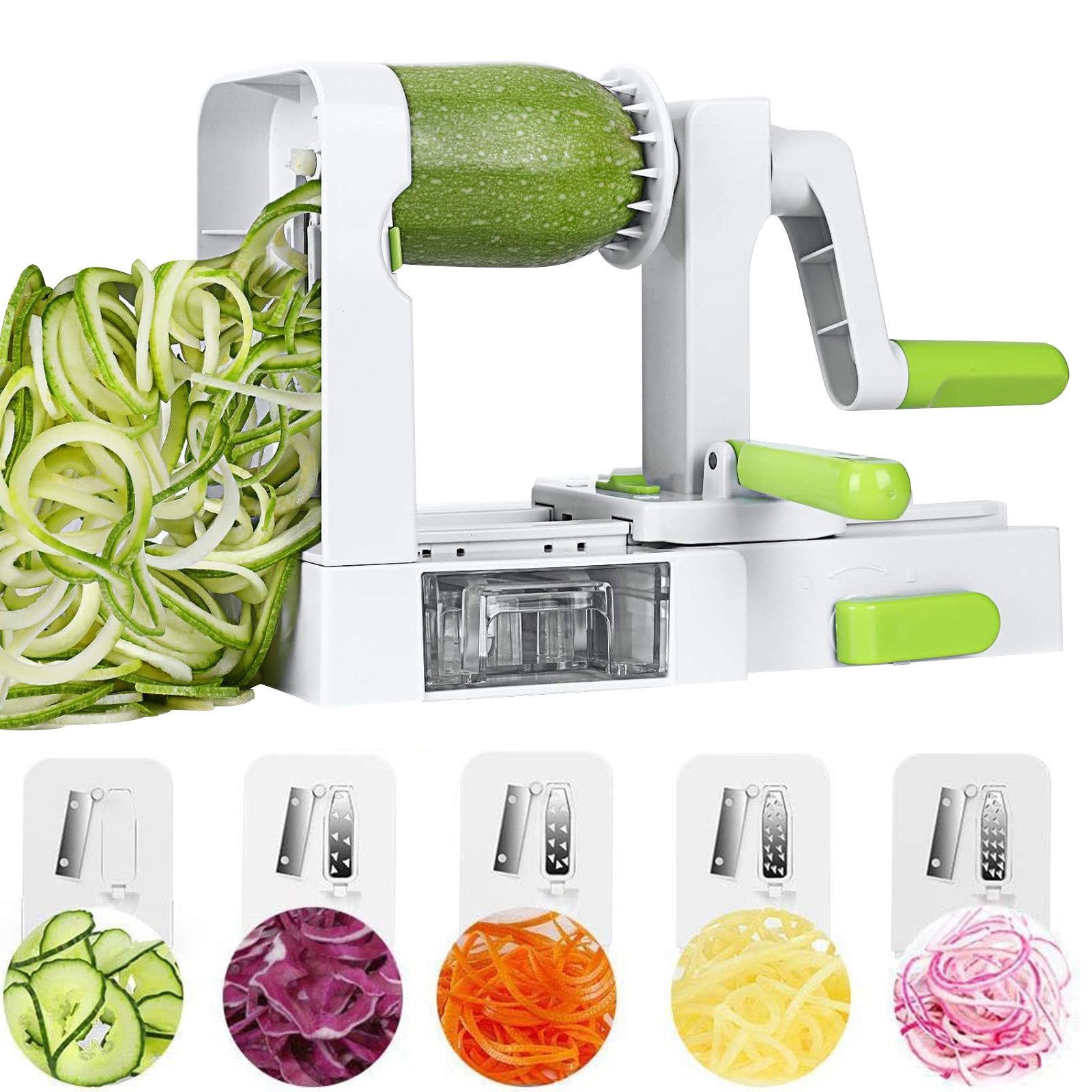MOPUEA Gemüseschneider Gemüsehobel, Obst- und Gemüsereibe, Multifunktionsreibe mit 5 Klingen, 5 in 1 Käsereibe mit Griff, klappbare Käse- und Gemüseschneider-Reibe