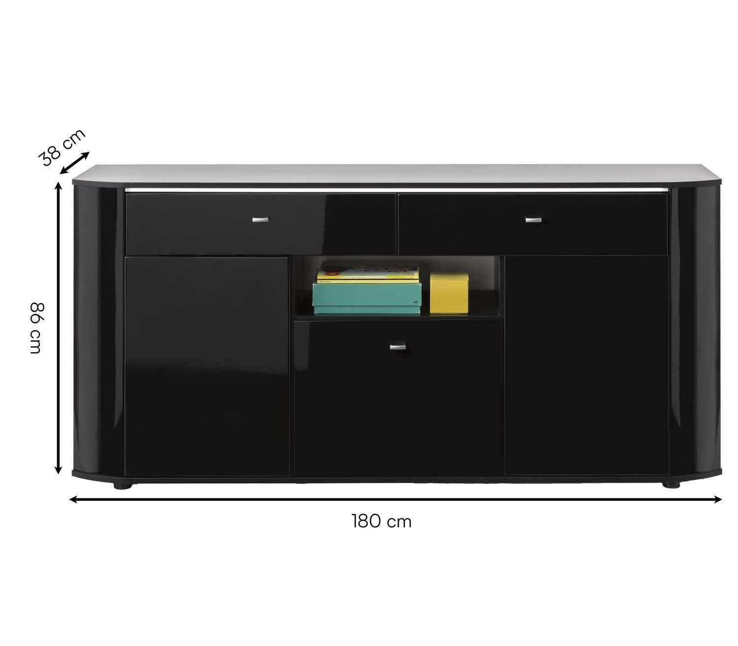 Sideboard ODESSA, Schwarz Hochglanz, Schwarz matt, 3 Türen, 2 Schubladen, inkl. LED-Beleuchtung, B 180 x H 86 x T 38 cm