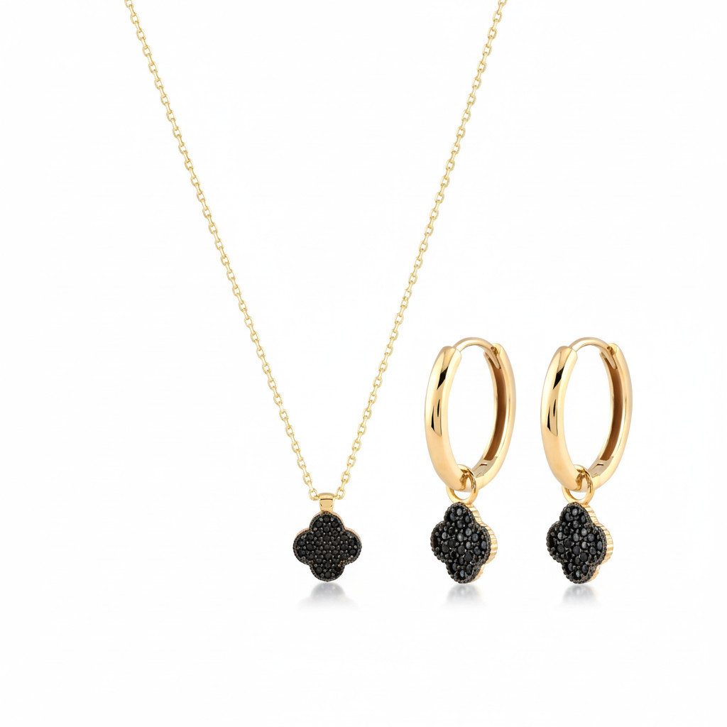 Suzan Gold Schmuckset Noirclover – 375 Gold Kette & Ohrringe mit schwarzem günstig online kaufen