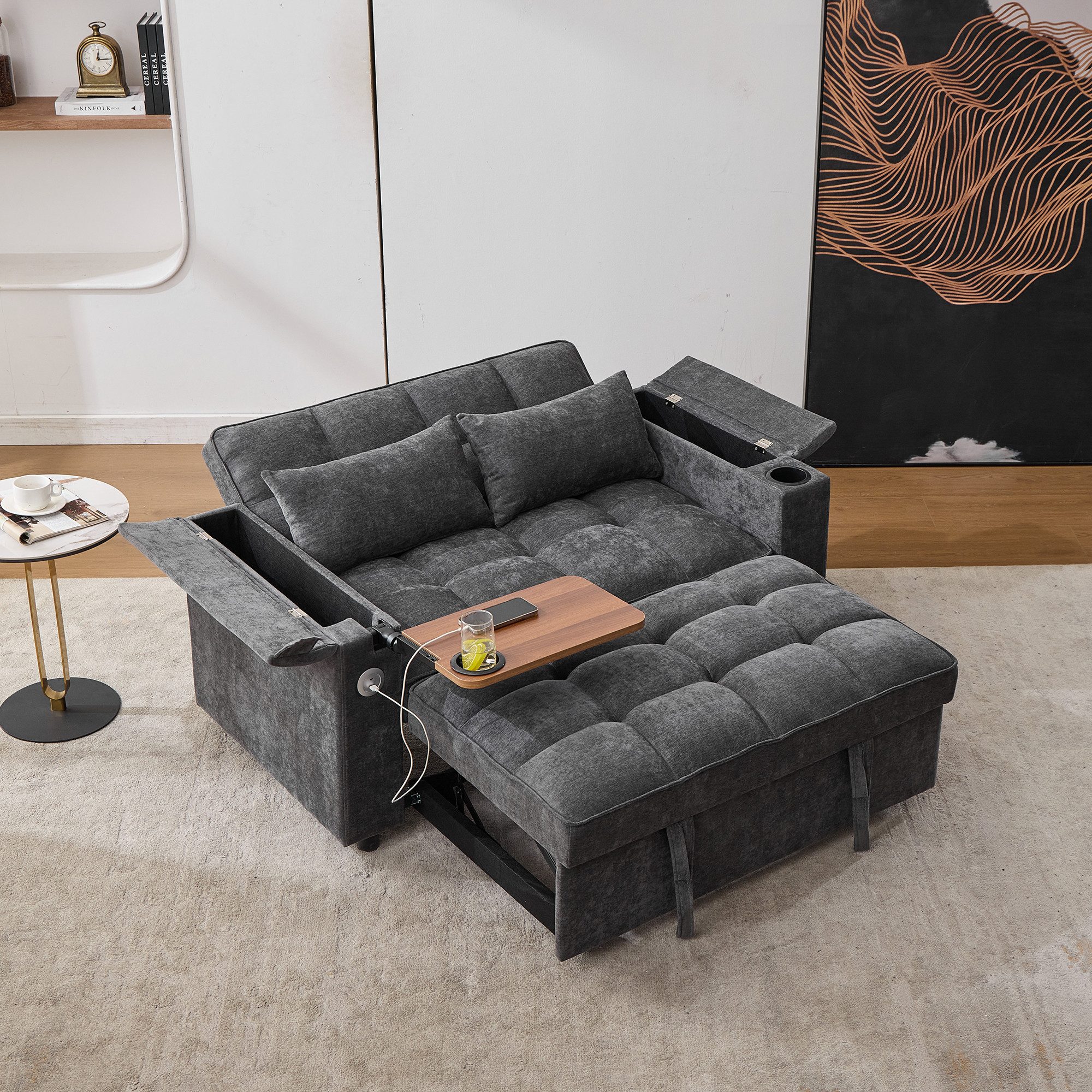 STILVORA Schlafsofa mit USB&Rückenlehne,Relaxsessel Ausziehsofa mit Getränkehalter&Tisch, Sofabett, Gästebett 1 Teile, mit verstellbarer Rückenlehne, USB-Anschluss