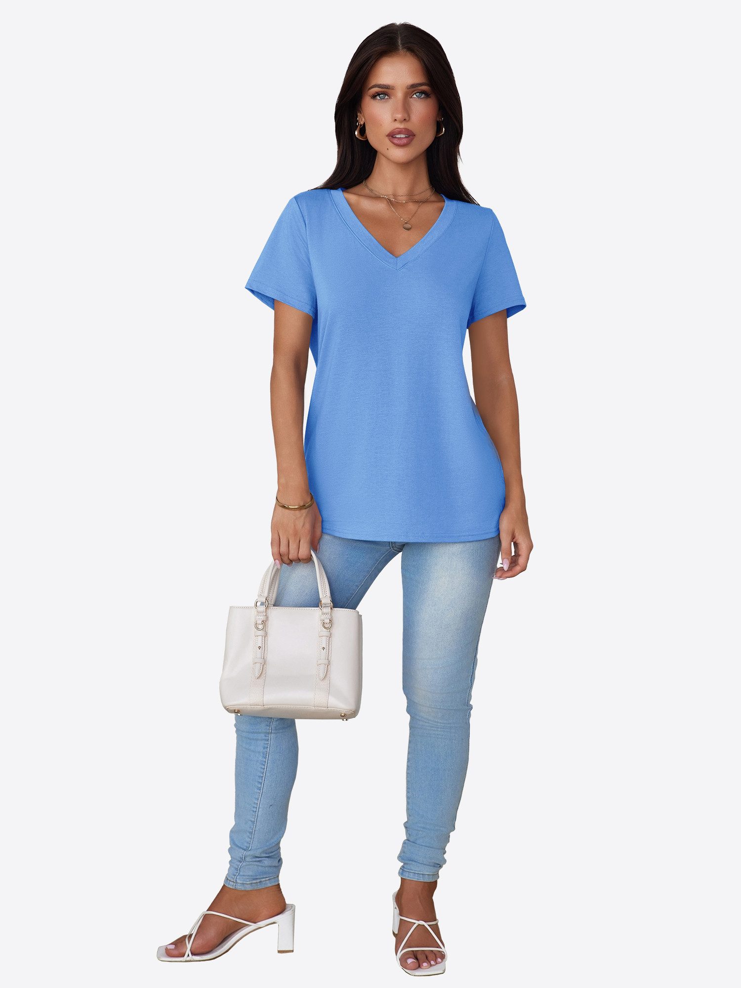 Imily Bela T-Shirt Damen V-Ausschnitt T-Shirt mit Kurzarm Casual Basic Oberteil (Packung, 1-tlg., 1per-Pack) in Unifarbe