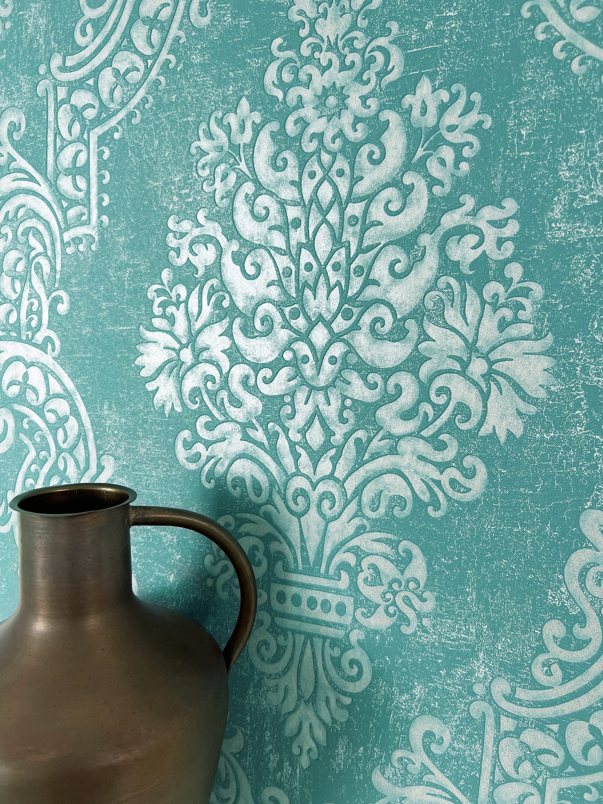 Newroom Vliestapete, Blau Tapete Barock Glitzer - Barocktapete Grün Türkis günstig online kaufen