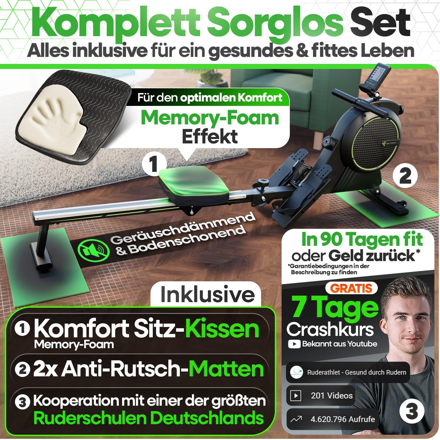 Tretmann Rudergerät für Zuhause Set - extra leise- [Wirbelstrombremse2.0] bis 150KG (Rudergerät Magnet Rudermaschine Rudergeräte), Ruder Fitnessgeräte