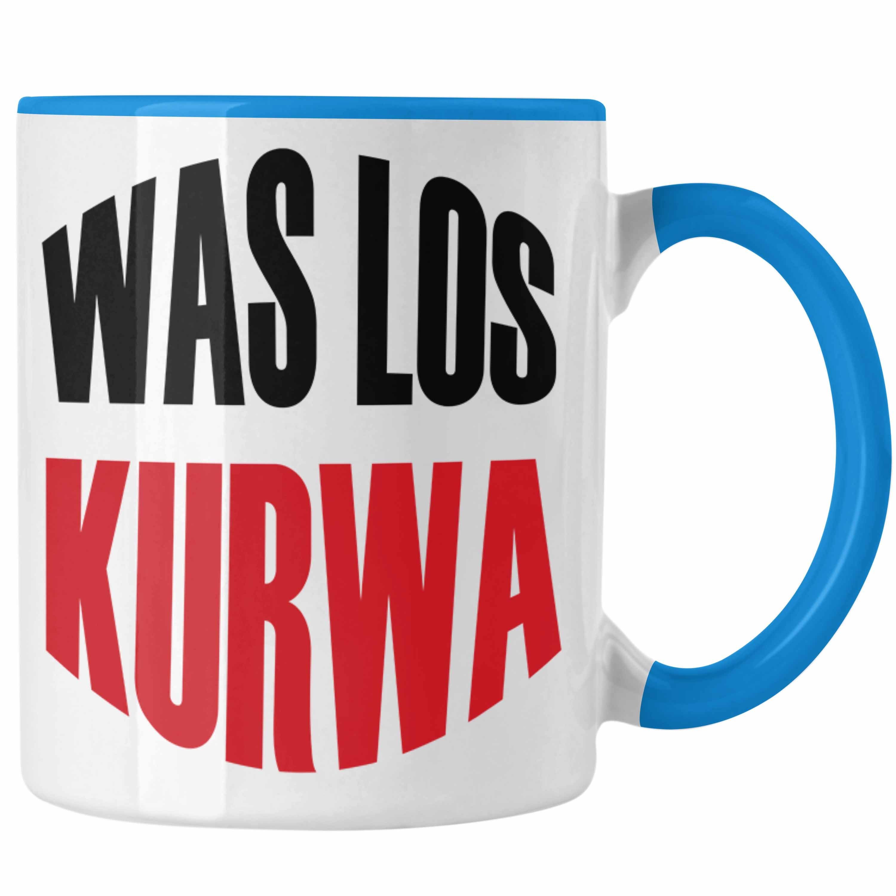 Trendation Tasse Lustige Tasse Spruch "Was Los Kurwa" Polen Polnisches Geschenk Blau