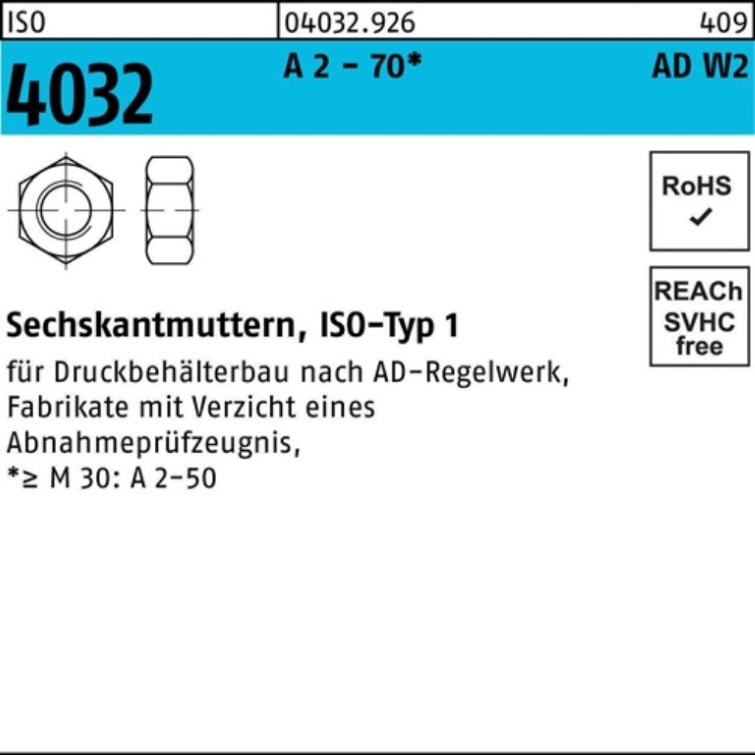 Bufab Muttern 100er Pack Sechskantmutter ISO 4032 M30 A 2 - 70 AD-W2 1 Stück ISO 40