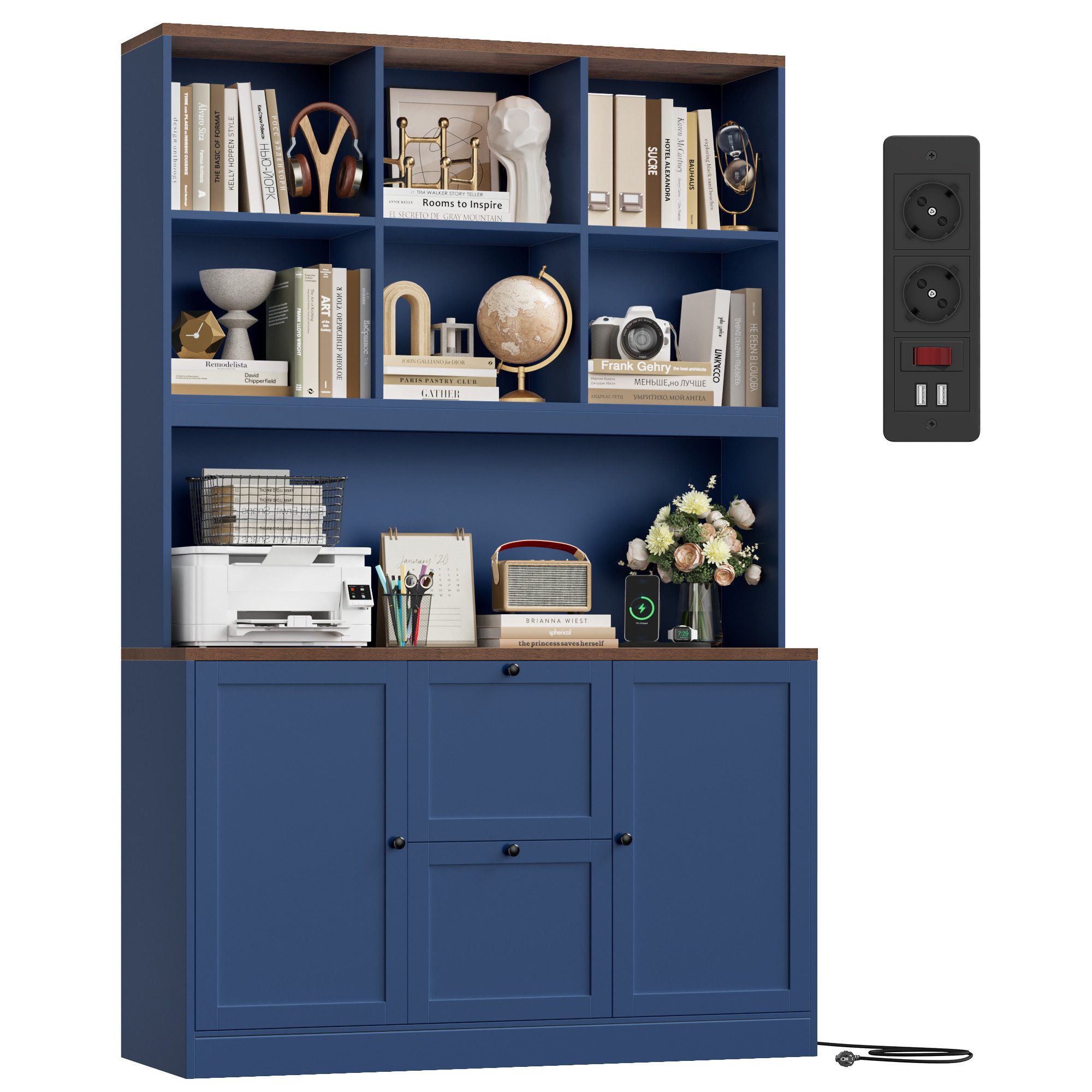 Homfa Bücherregal 182 cm Aktenschrank Mehrzweckschrank, mit Steckdose, 2 Türen und 2 Schubladen für Hängemappen A4, blau