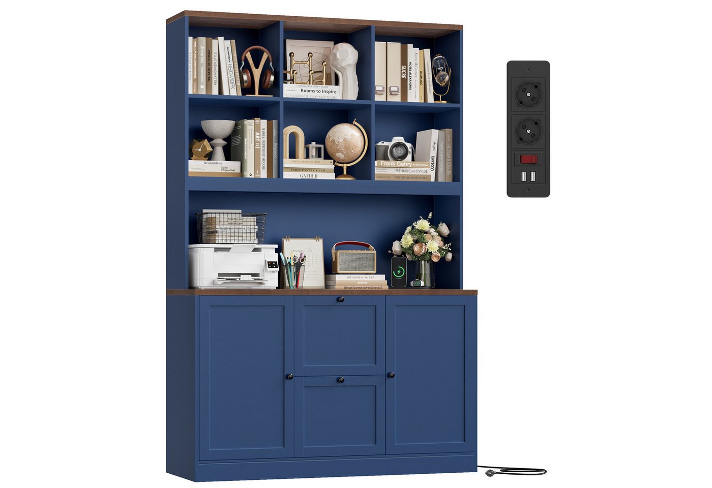 Homfa Bücherregal 182 cm Aktenschrank Mehrzweckschrank, mit Steckdose, 2 Türen und 2 Schubladen für Hängemappen A4, blau