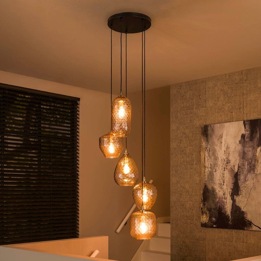 famlights Pendelleuchte famlights, Pendelleuchte Aliy in Transparent und Gold E27 5-flammig