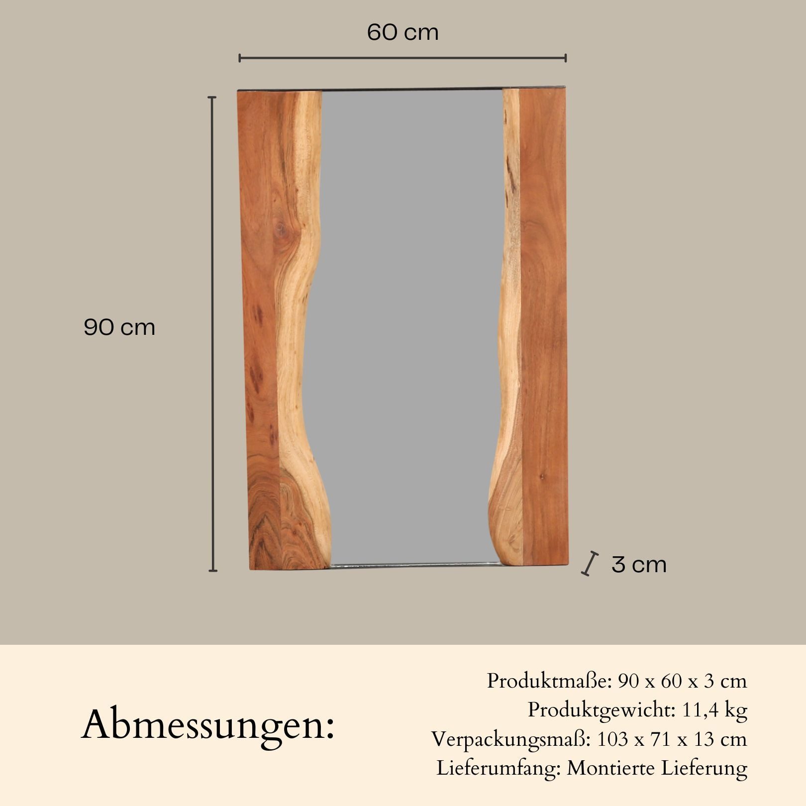 Marrakesch Orient & Mediterran Interior Spiegel Spiegel Aduial 90 cm – Wandspiegel mit Naturholzrahmen Modern & massiv (1-St), Handarbeit