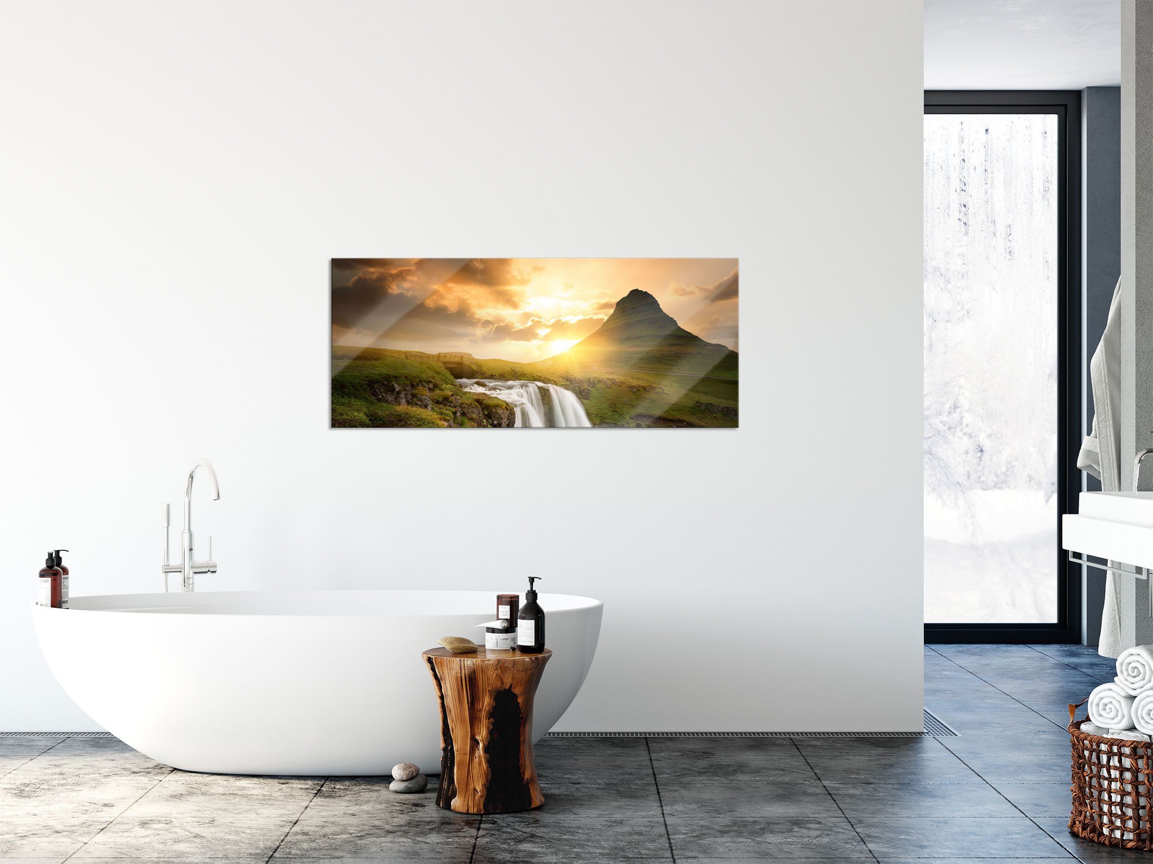 Pixxprint Glasbild Wasserfall bei Sonnenuntergang, Wasserfall bei Sonnenuntergang (1 St), Glasbild aus Echtglas, inkl. Aufhängungen und Abstandshalter
