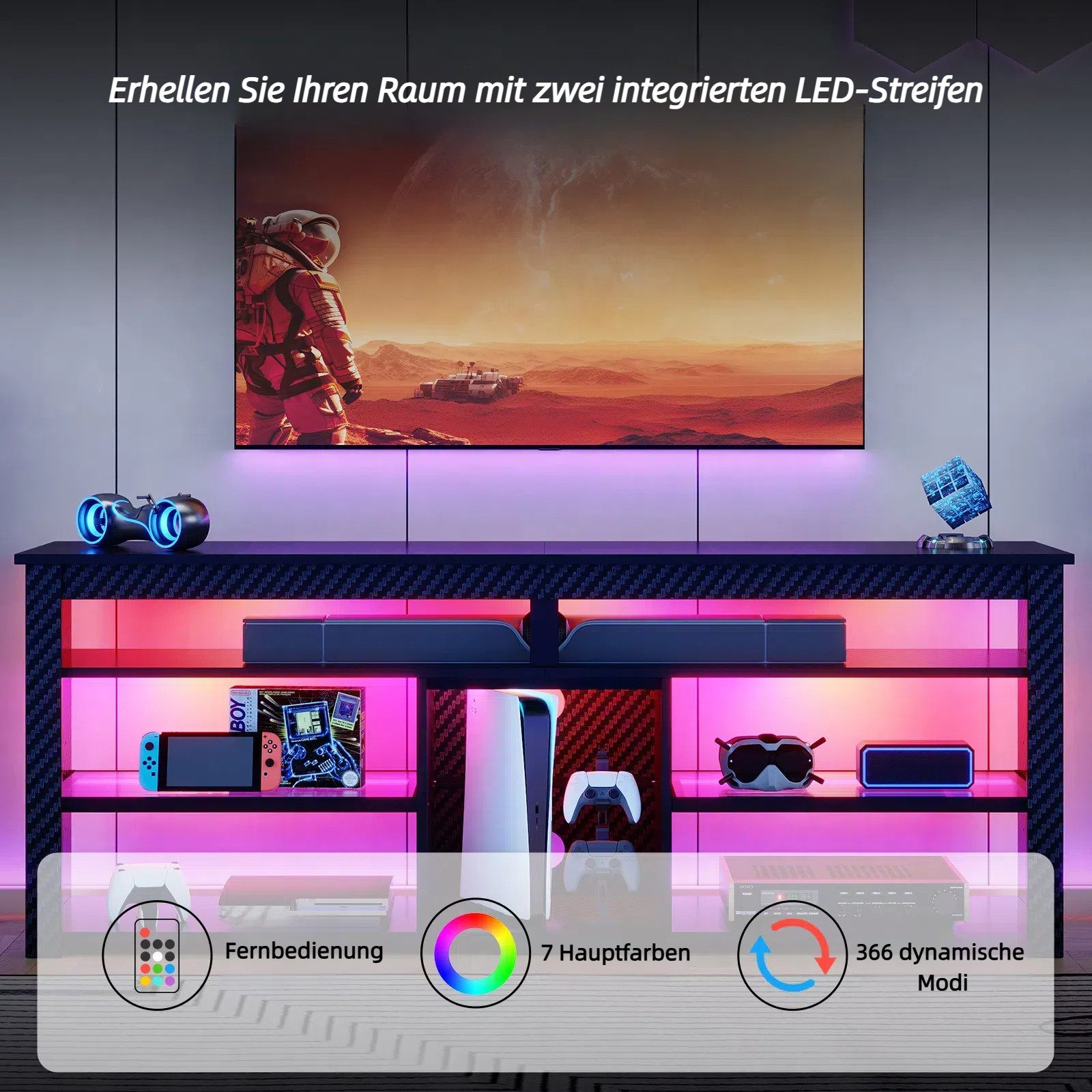 Bestier TV-Schrank 160cm Lowboard, moderne grifflose TV-Kommode, (Breite 160cm Fernsehtisch, 1 St, TV Board mit Schubladen,mit 7 Farben LED Beleuchtung) Gaming TV Board mit verstellbarem Regal, Kohlefaser Schwarz