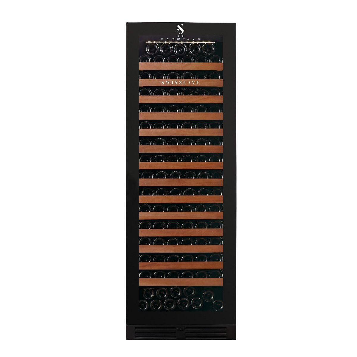 Swisscave Weinkühlschrank WLB-460FL-MIX. 1-Zonen Weinkühlschrank, 172cm, 163 Flaschen, für 163 Standardflaschen á 0,75l,Hochwertiger schwarz eloxierter Edelmetall-Türrahmen, UV-abweisende