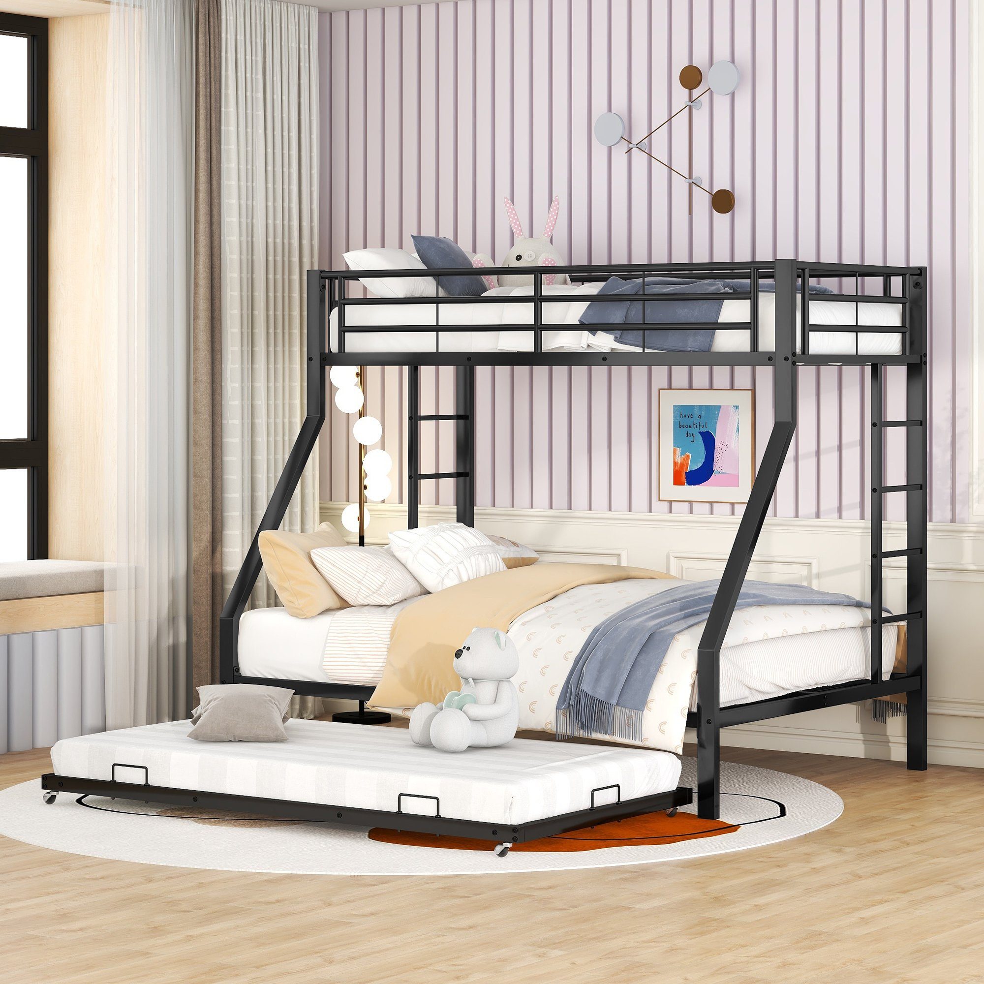 Fangqi Leiter Bett; schwarz Seiten Etagenbett 90(140)x200 mit Etagenbett beiden ausziehbarem auf