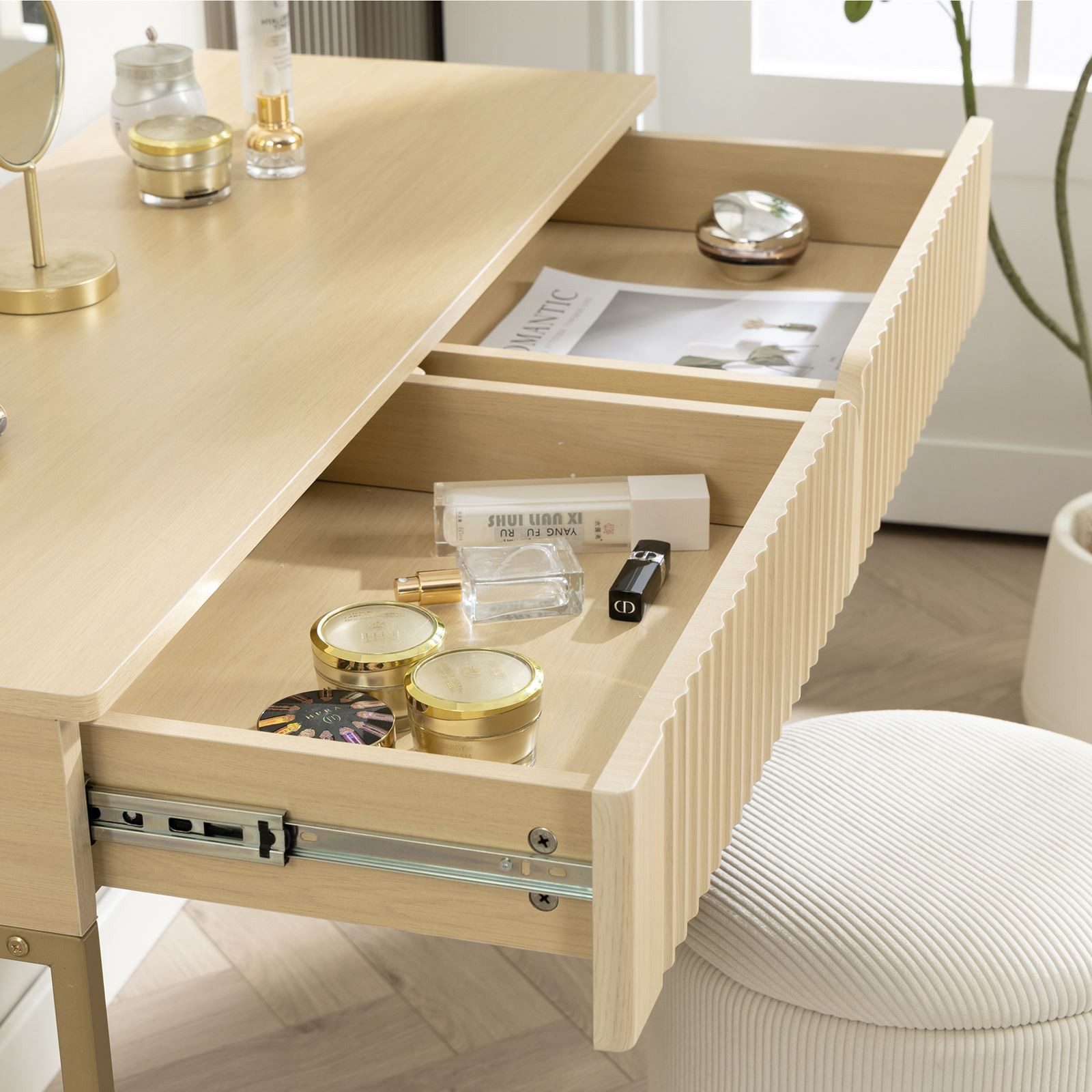 IDIMEX Konsolentisch FRIBO, Schminktisch mit Rillenfront Metallgestell und 2 Schubladen eiche/gold