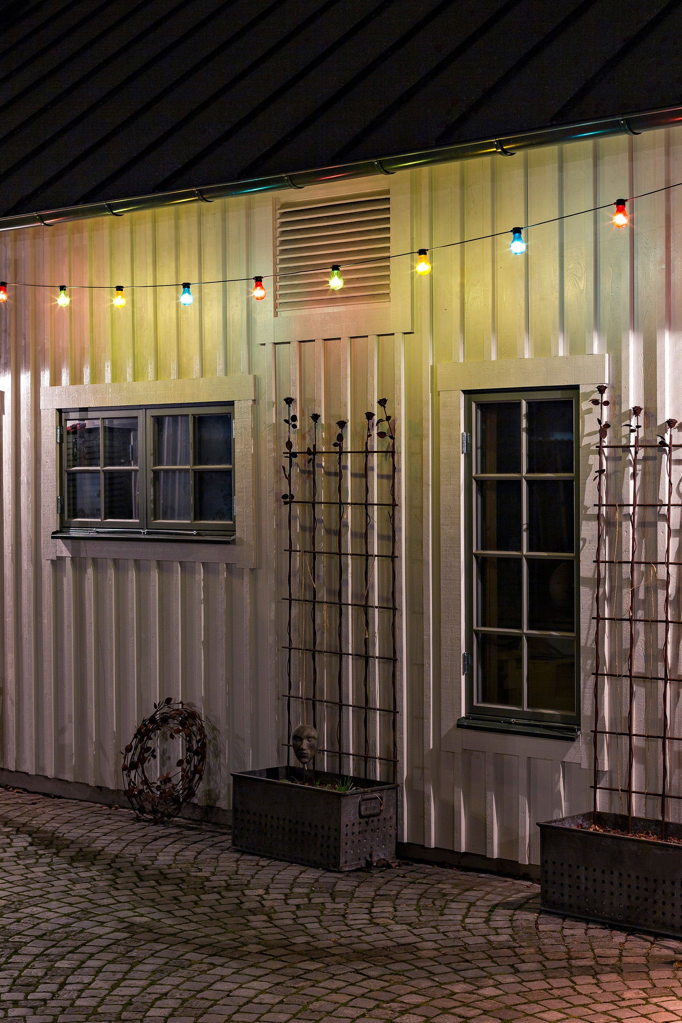 KONSTSMIDE LED-Lichterkette Weihnachtsdeko aussen, 20-flammig, LED Biergartenkette, 20 bunte Birnen / 160 warm weiße Dioden | Lichterketten