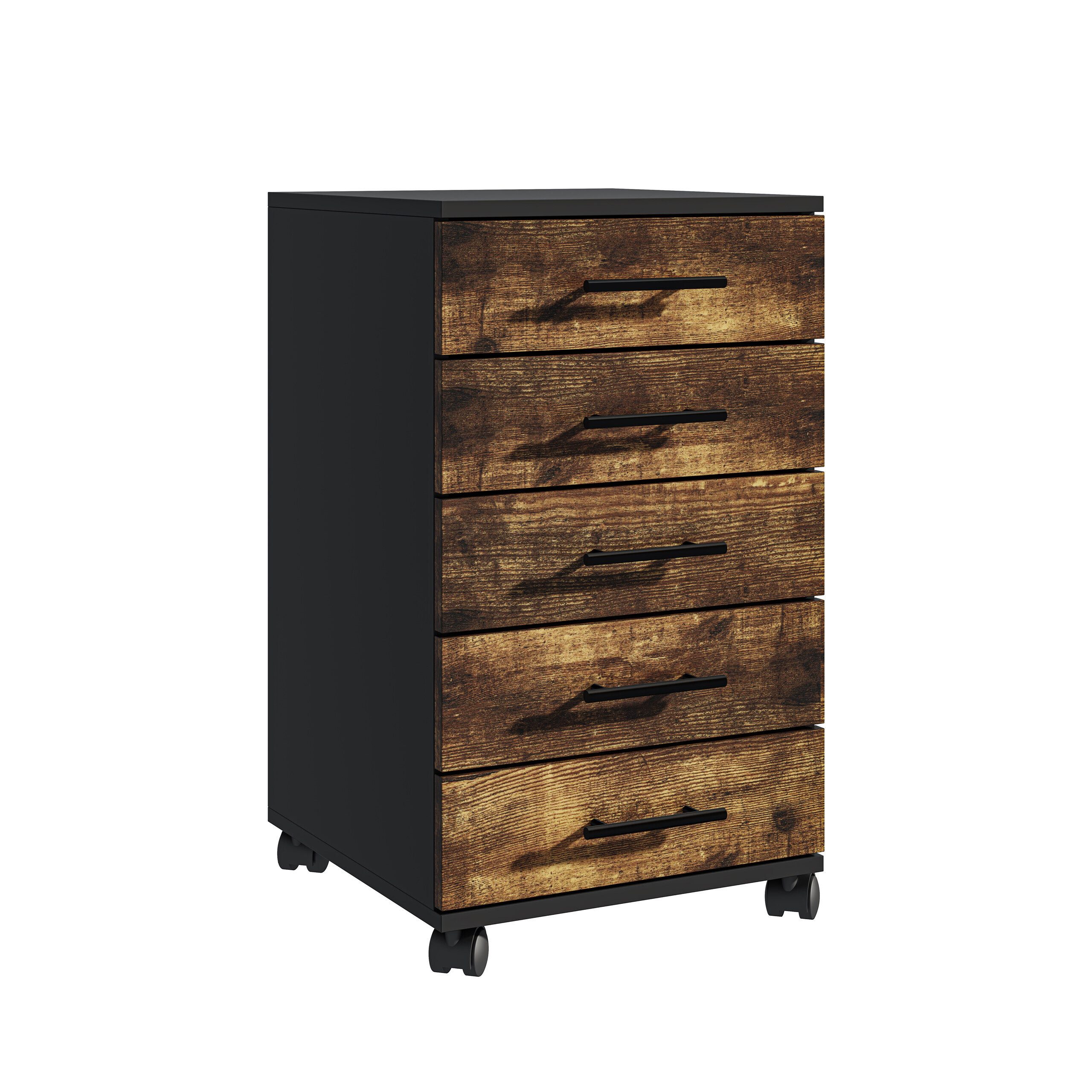 relaxdays Rollcontainer mit 5 Schublade, Industrial-Schwarz