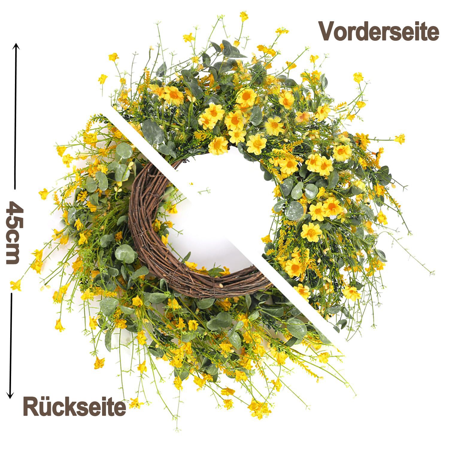 Zyronn Dekokranz Frühlings- und Sommer-Türkranz, künstlicher -Margeritenkranz,45cm, für Haustür, Fenster, Wand, Hochzeit, Bauernhaus- und Festdekoration